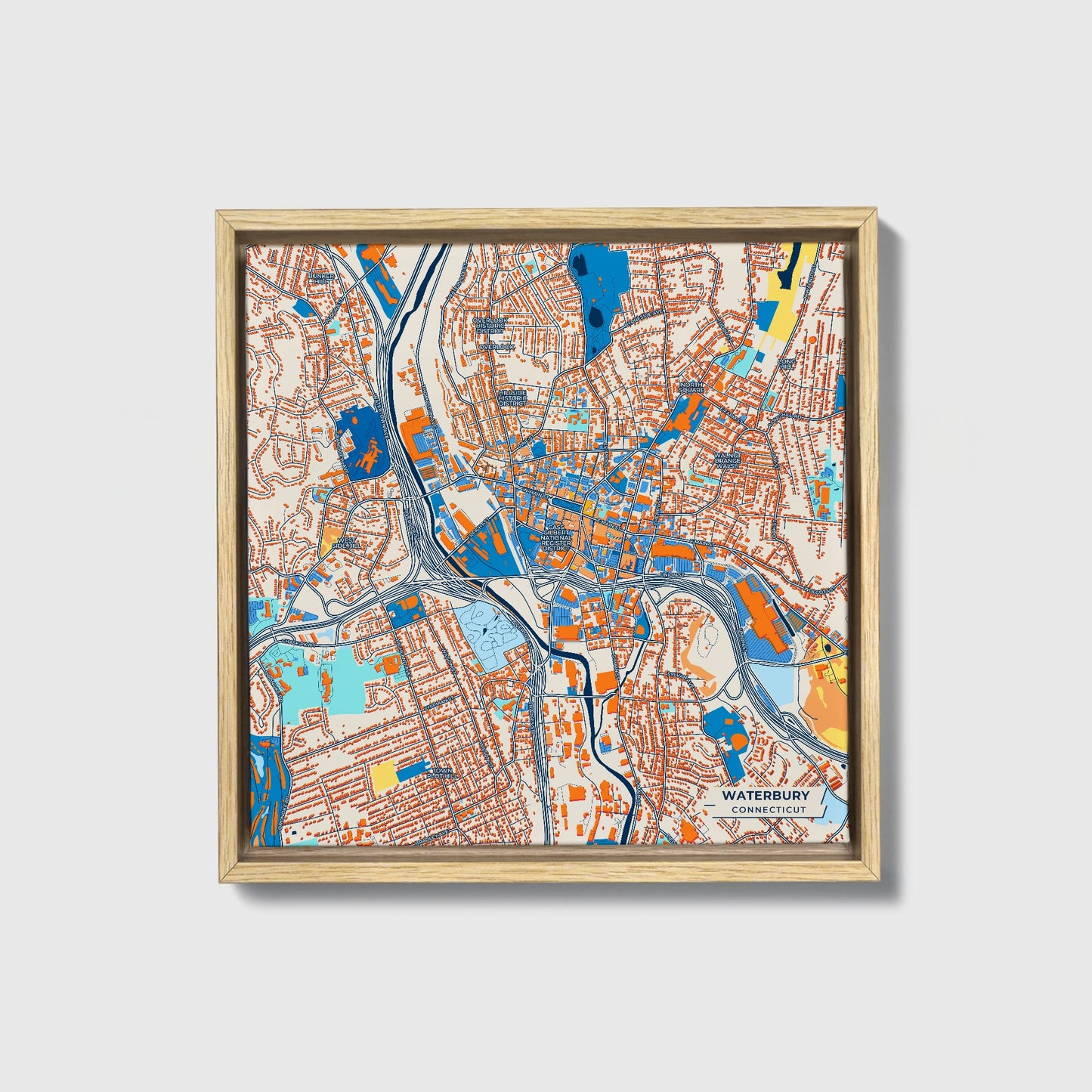 Waterbury Connecticut Colorful City Map Canvas Print • Natural Wooden Framed