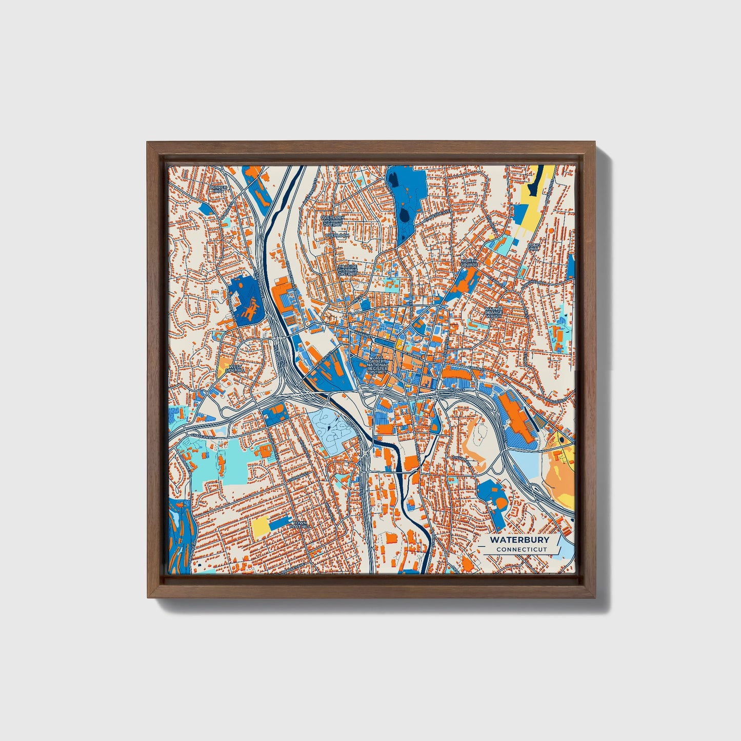 Waterbury Connecticut Colorful City Map Canvas Print • Dark Wooden Framed