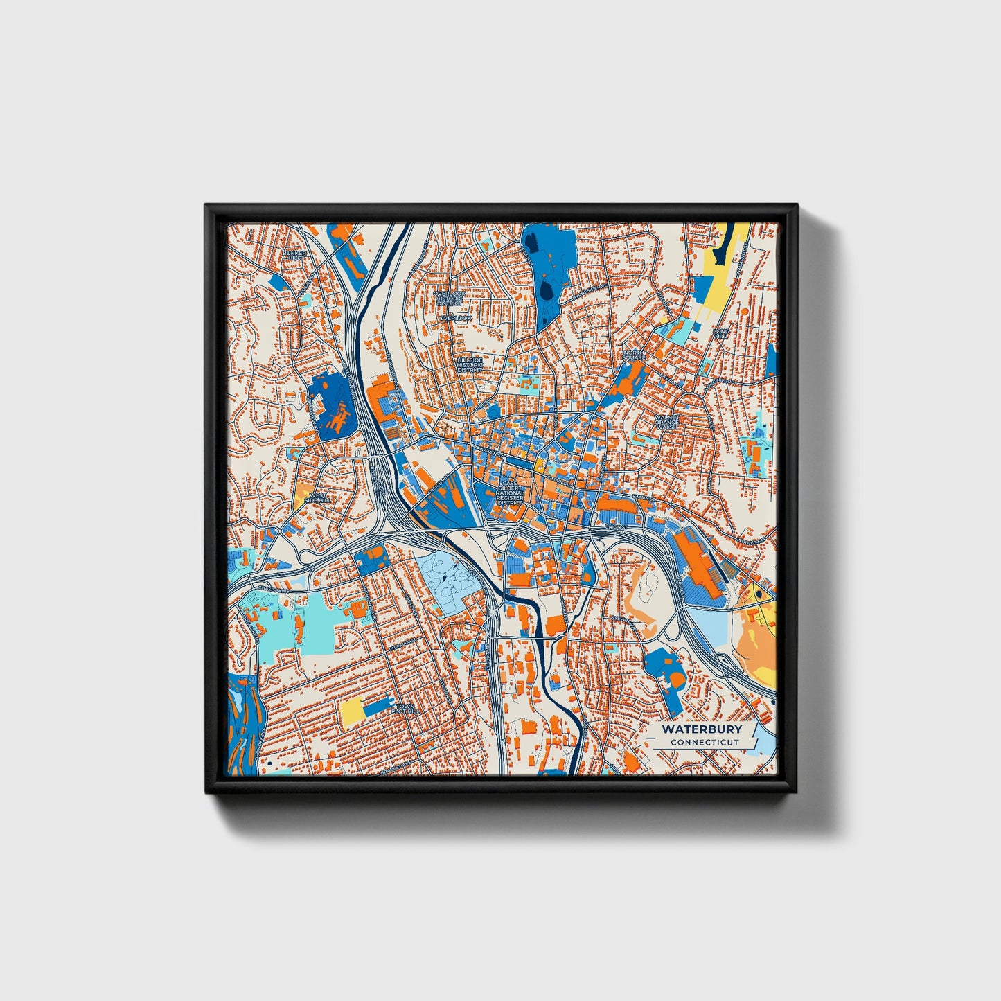 Waterbury Connecticut Colorful City Map Canvas Print • Black Framed