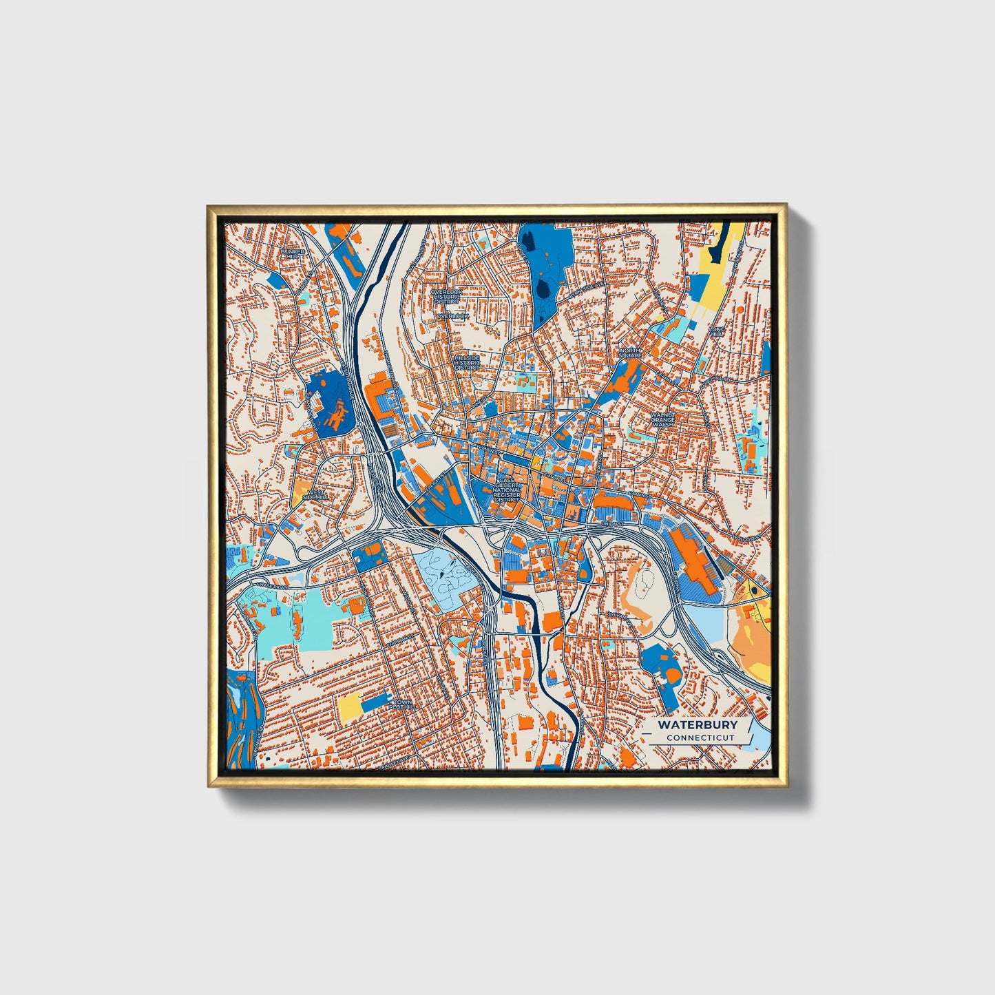 Waterbury Connecticut Colorful City Map Canvas Print • Gold Framed