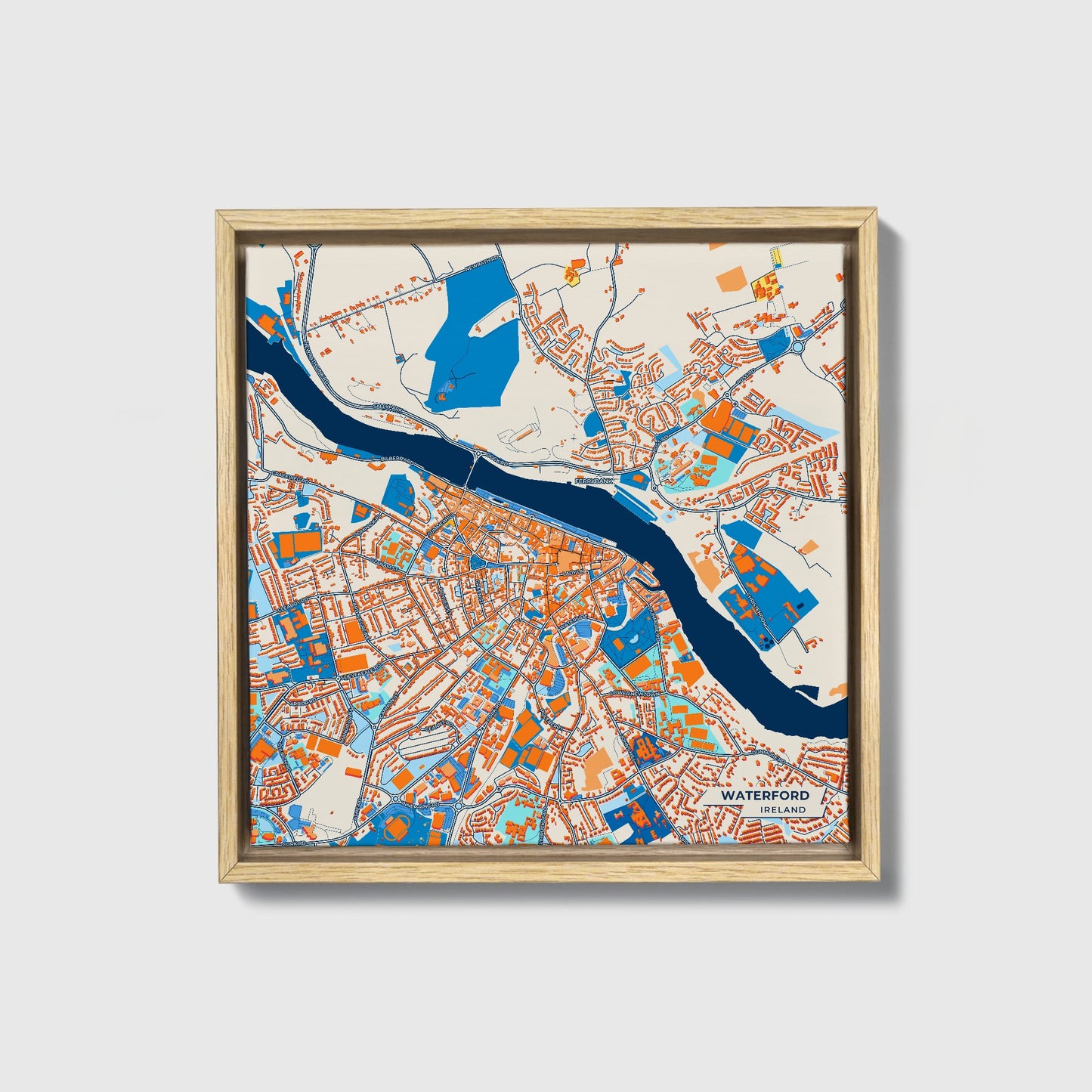 Waterford Ireland Colorful City Map Canvas Print • Natural Wooden Framed