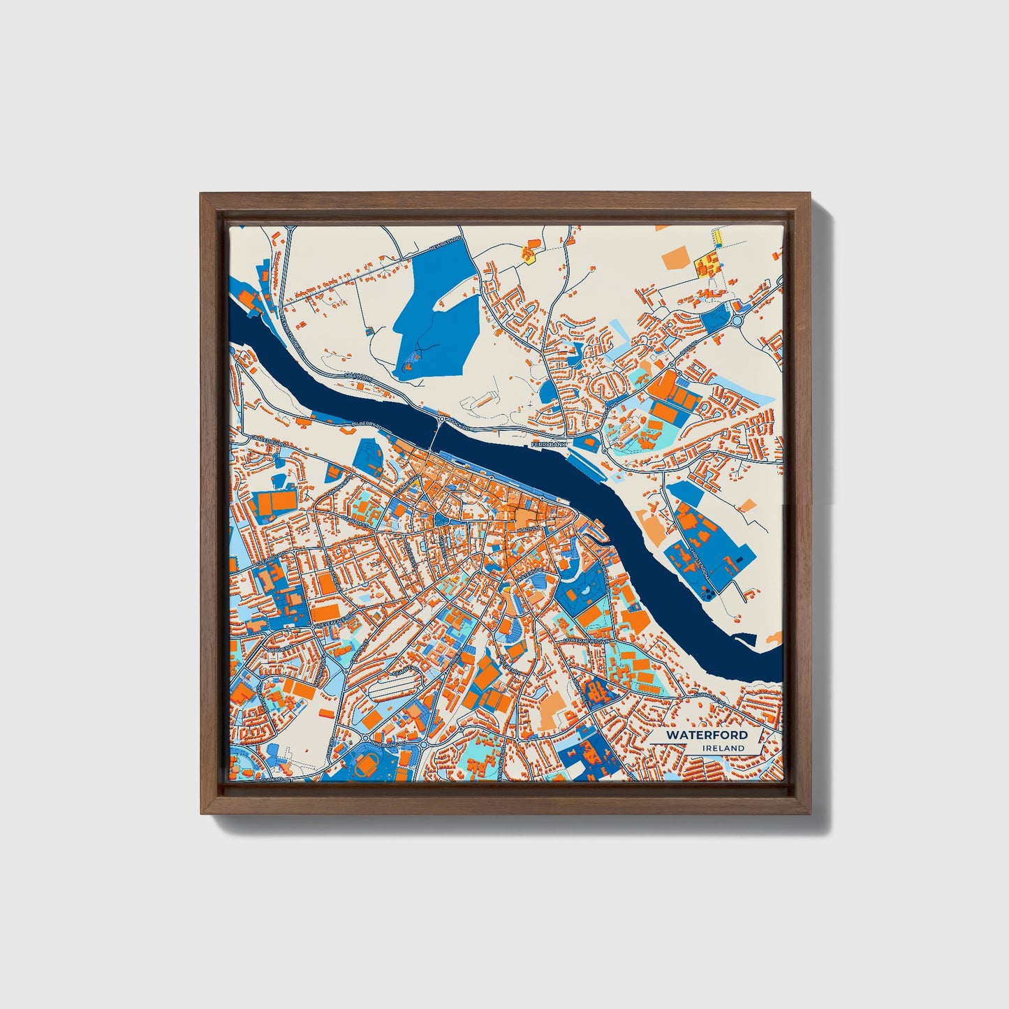 Waterford Ireland Colorful City Map Canvas Print • Dark Wooden Framed