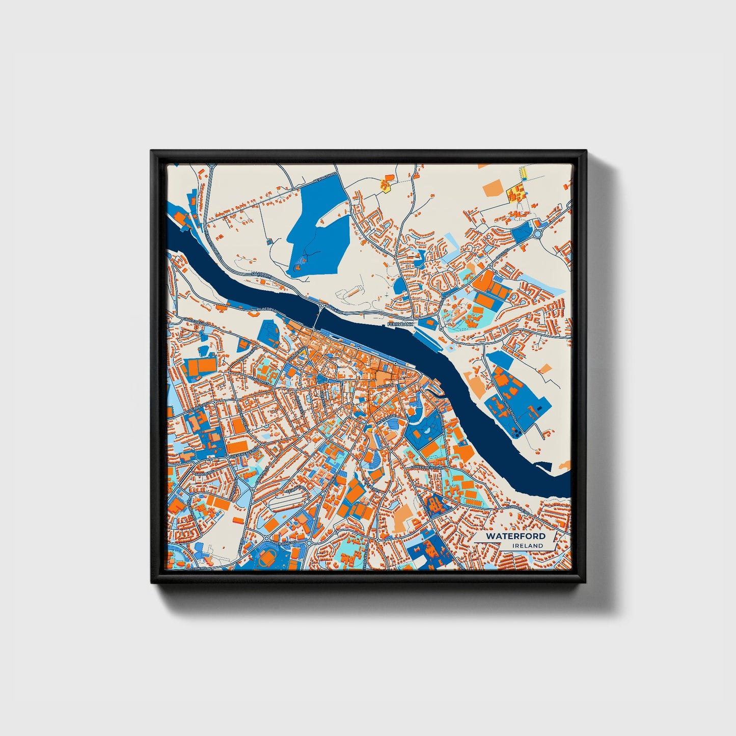 Waterford Ireland Colorful City Map Canvas Print • Black Framed