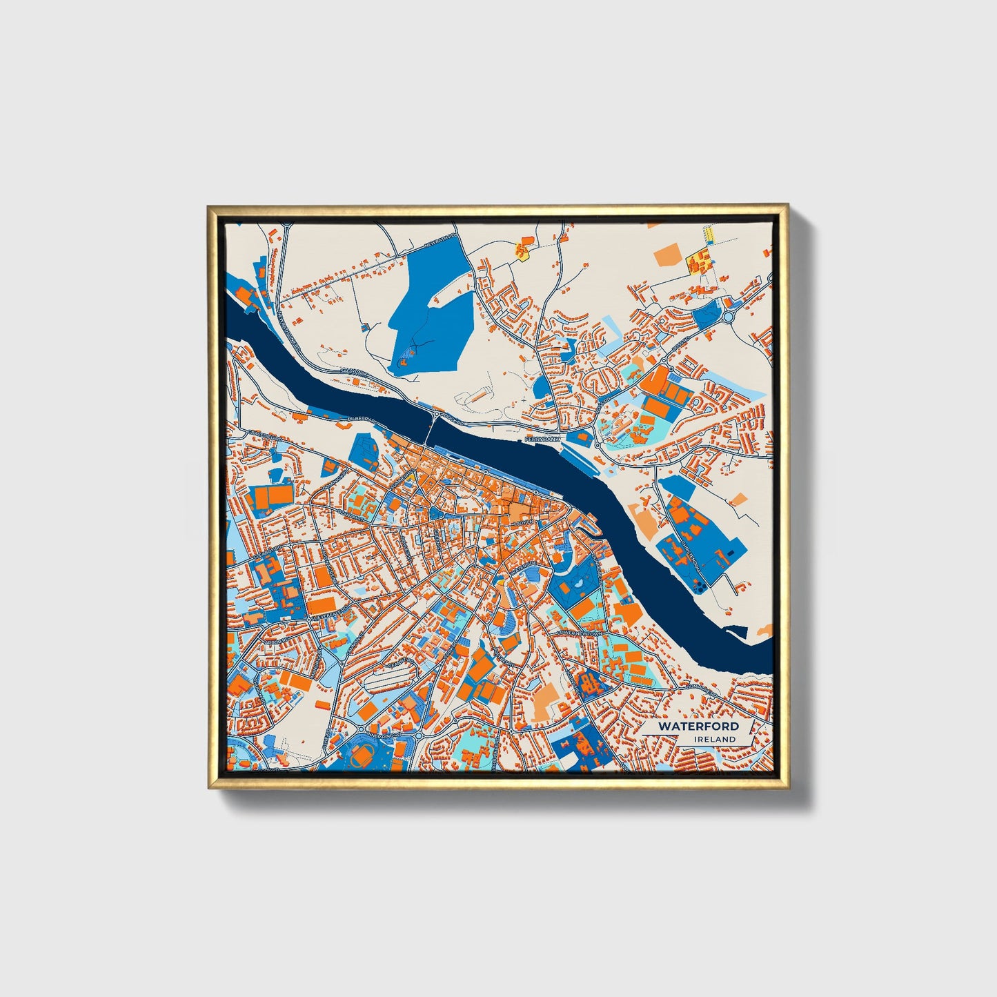 Waterford Ireland Colorful City Map Canvas Print • Gold Framed