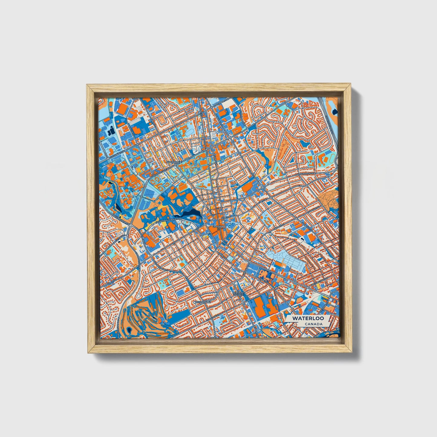 Waterloo Canada Colorful City Map Canvas Print • Natural Wooden Framed