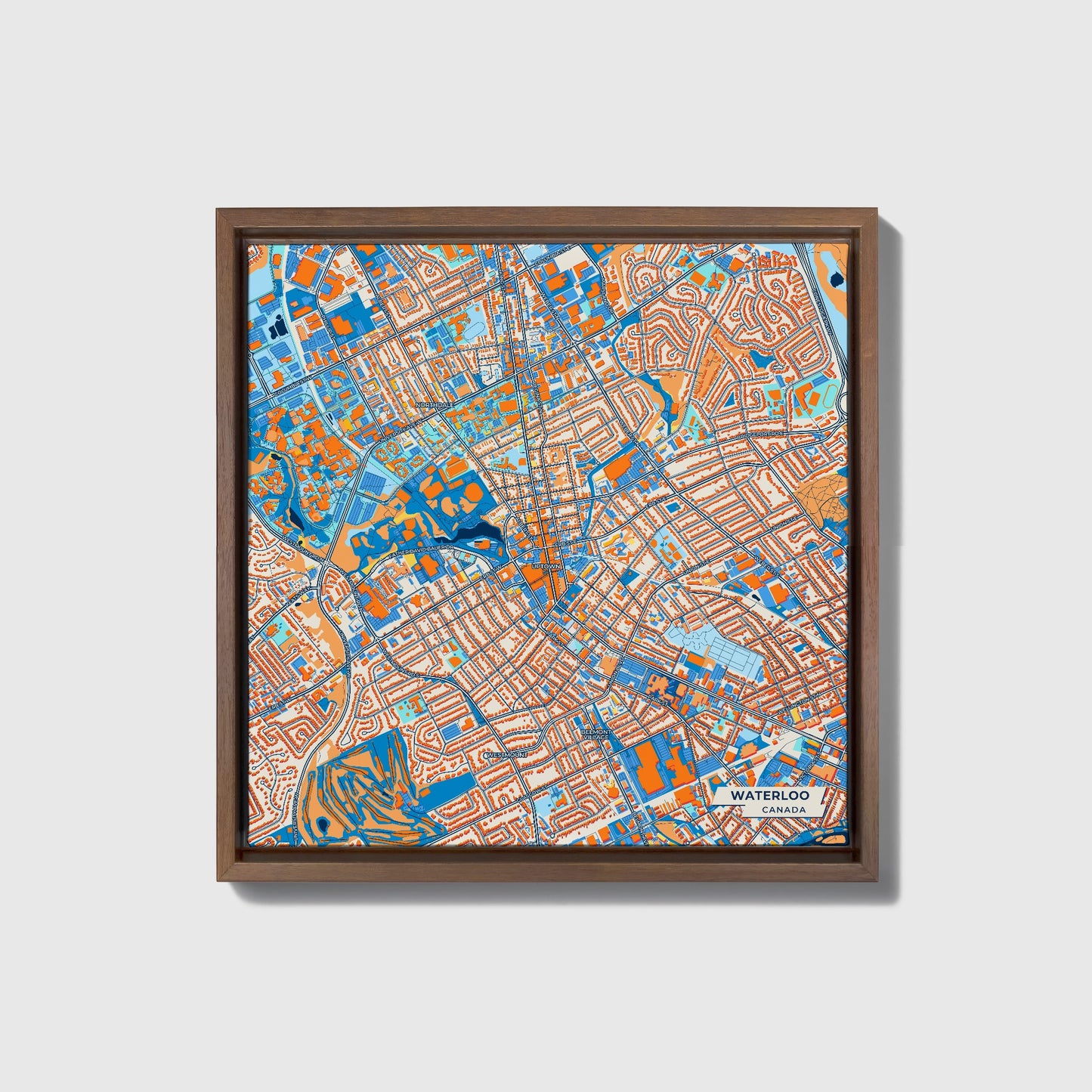 Waterloo Canada Colorful City Map Canvas Print • Dark Wooden Framed