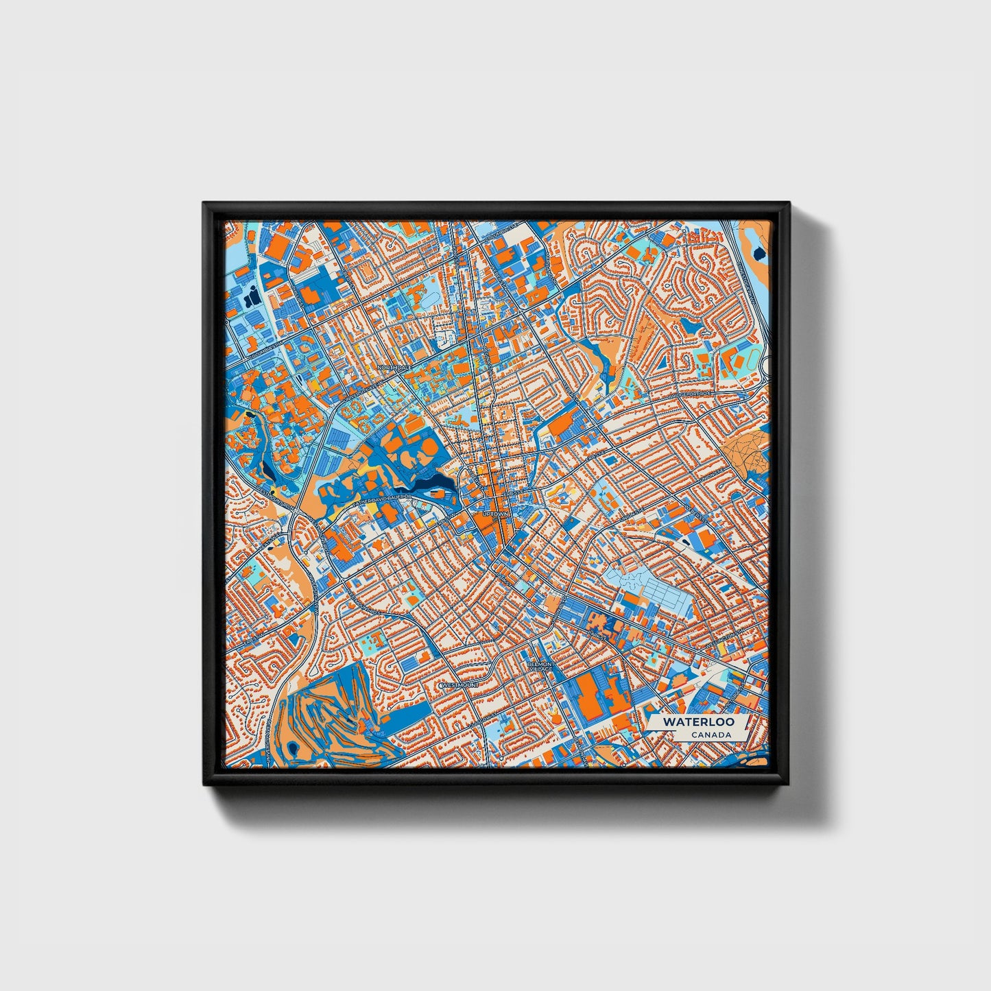Waterloo Canada Colorful City Map Canvas Print • Black Framed