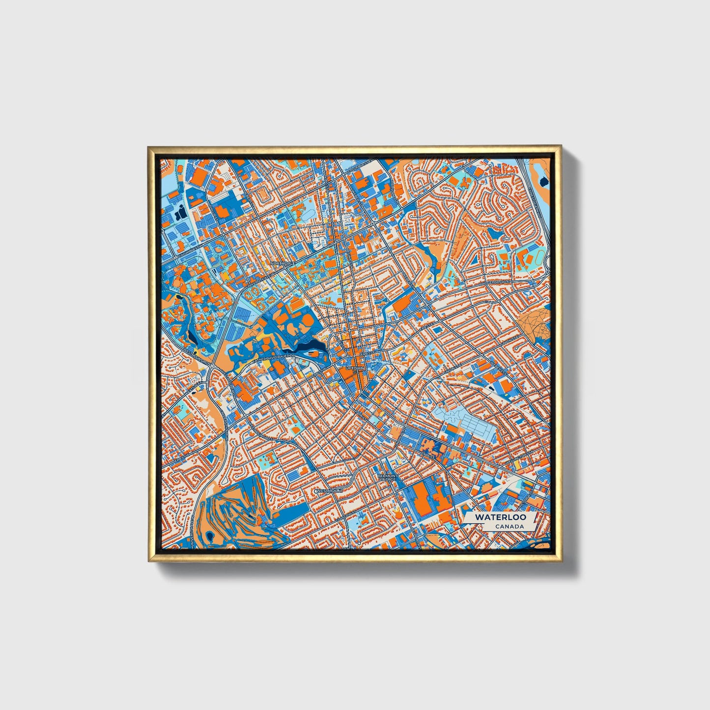 Waterloo Canada Colorful City Map Canvas Print • Gold Framed