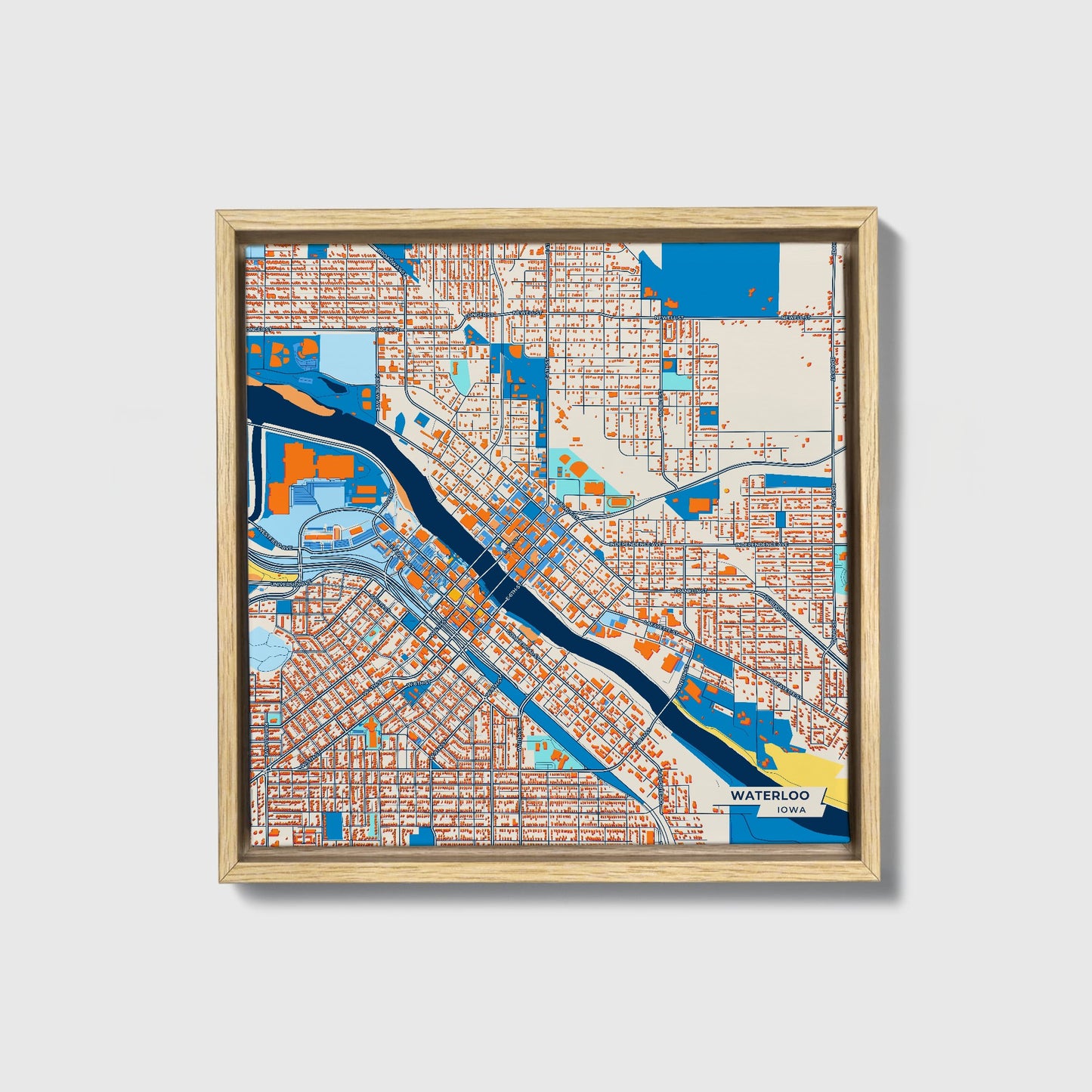 Waterloo Iowa Colorful City Map Canvas Print • Natural Wooden Framed