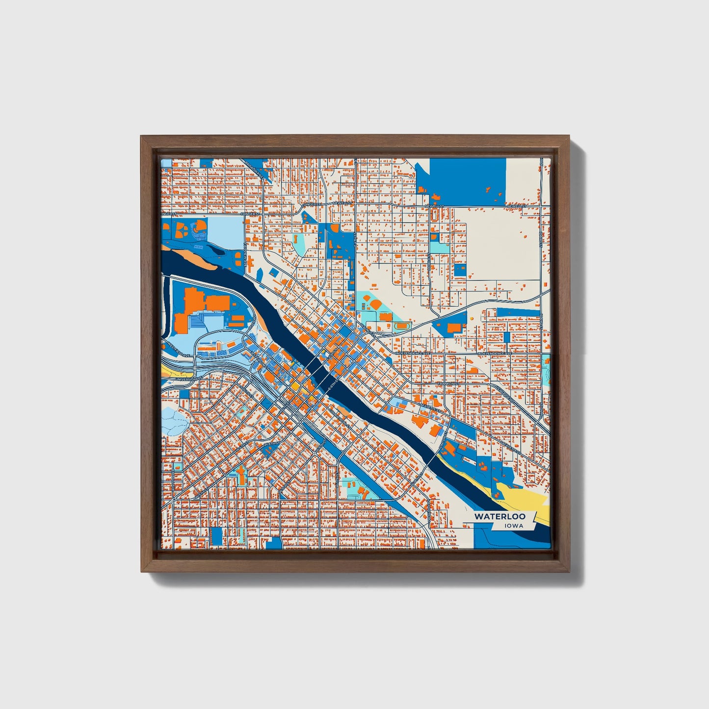Waterloo Iowa Colorful City Map Canvas Print • Dark Wooden Framed