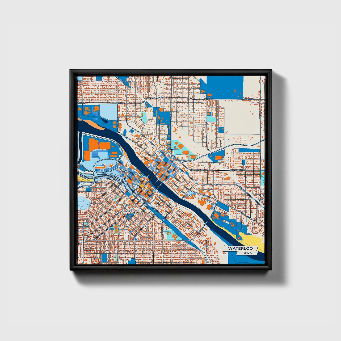 Waterloo Iowa Colorful City Map Canvas Print • Black Framed