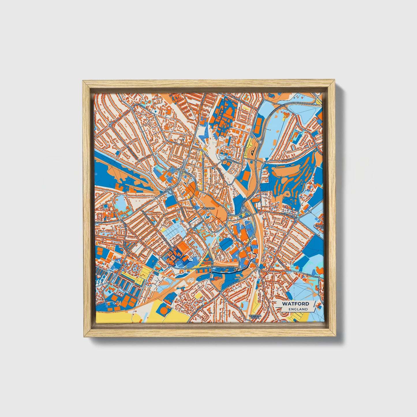 Watford England Colorful City Map Canvas Print • Natural Wooden Framed