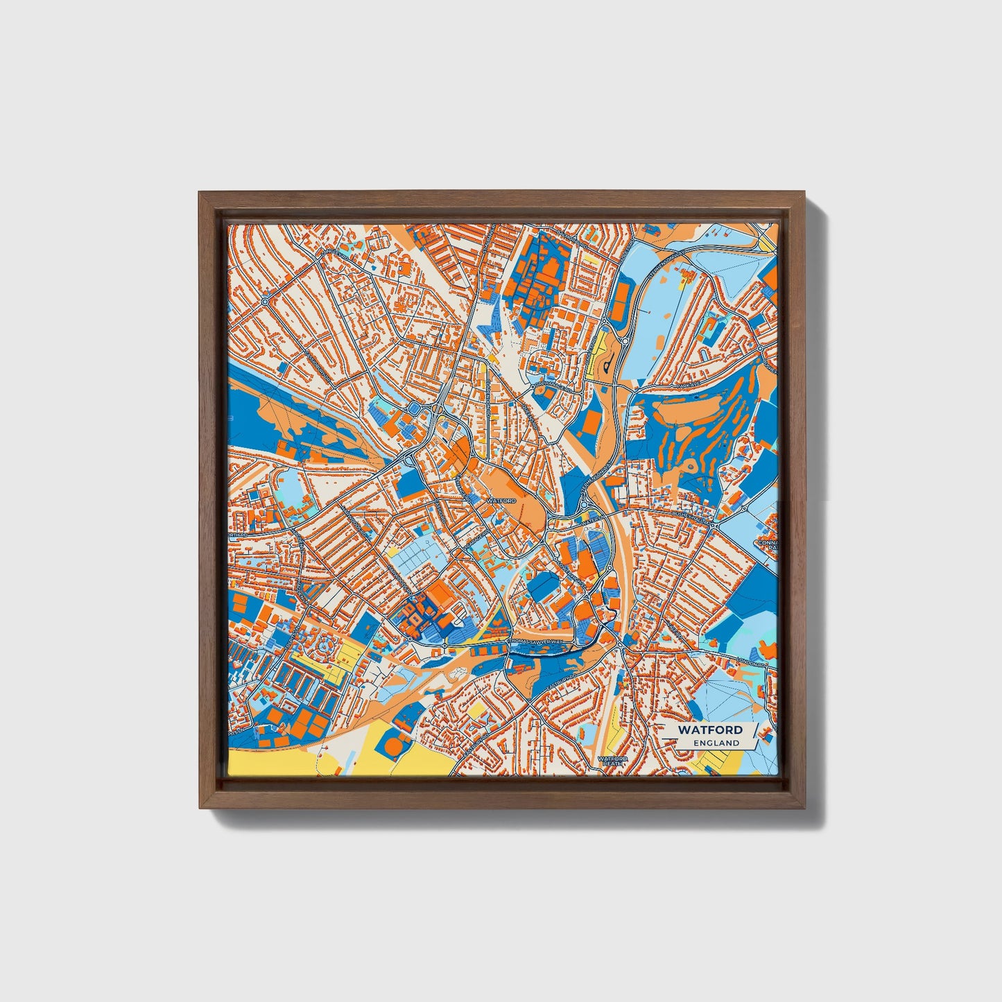 Watford England Colorful City Map Canvas Print • Dark Wooden Framed