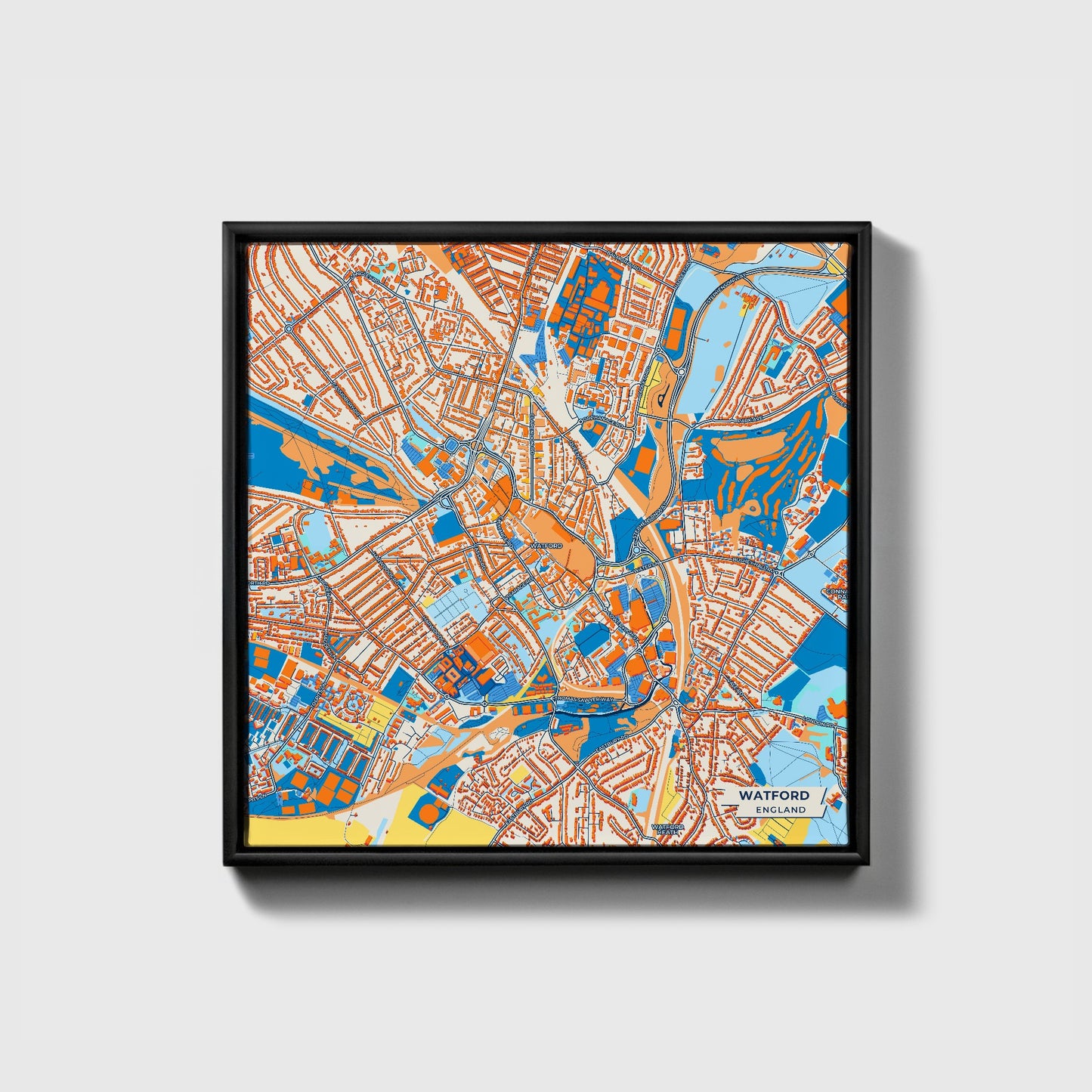 Watford England Colorful City Map Canvas Print • Black Framed