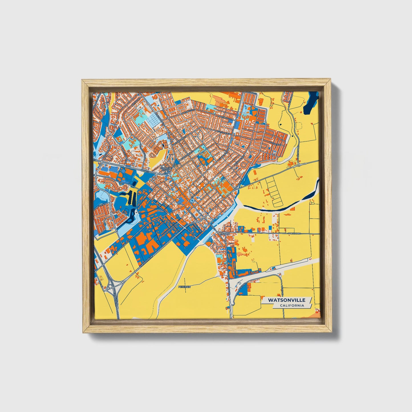 Watsonville California Colorful City Map Canvas Print • Natural Wooden Framed