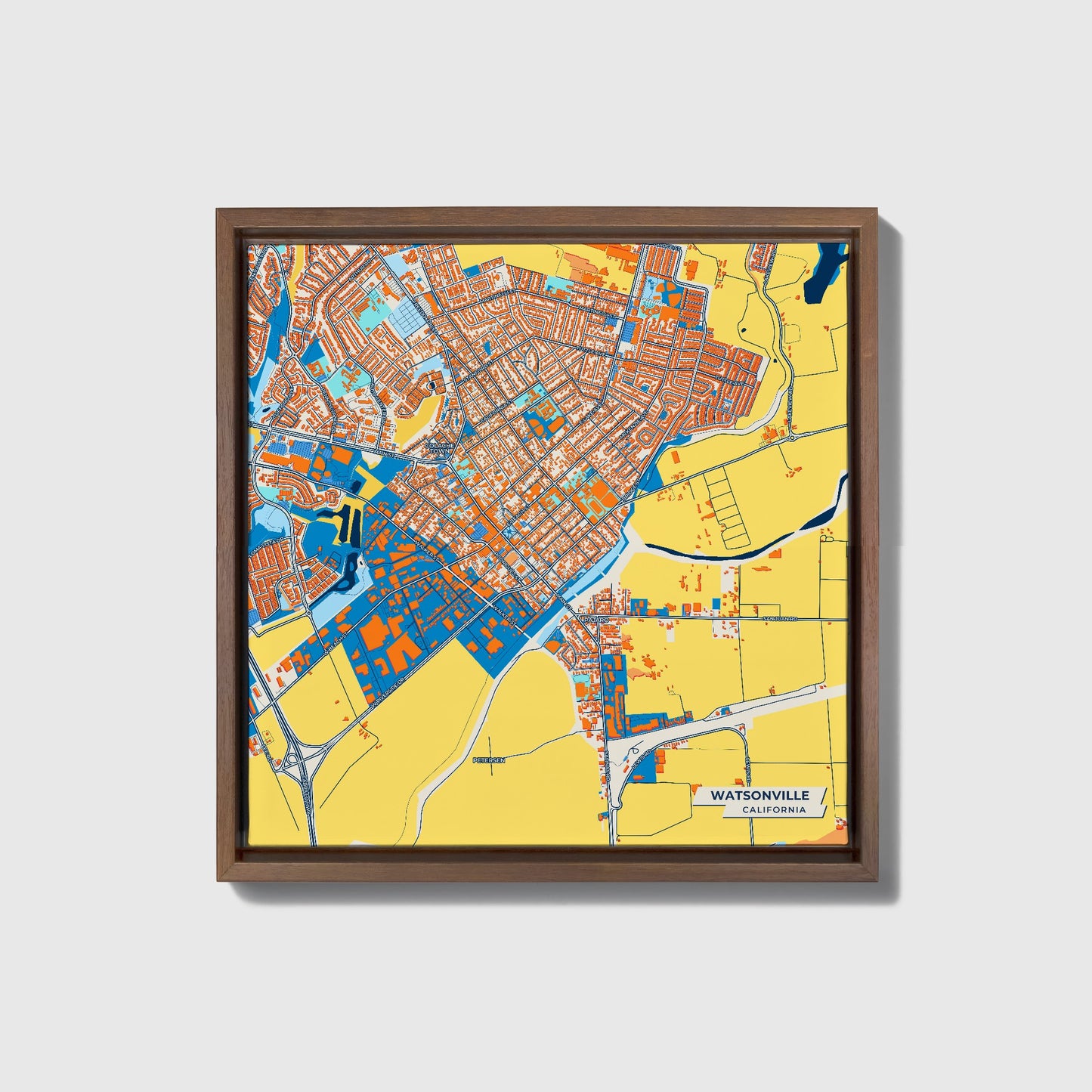 Watsonville California Colorful City Map Canvas Print • Dark Wooden Framed