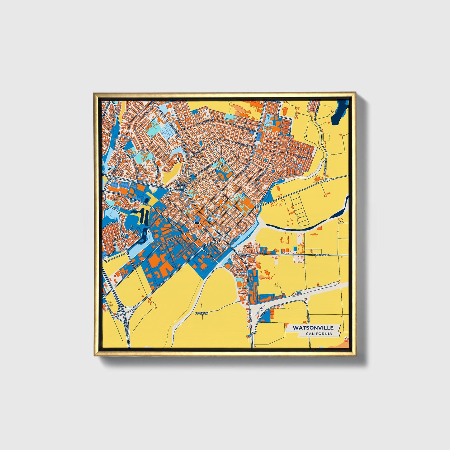 Watsonville California Colorful City Map Canvas Print • Gold Framed