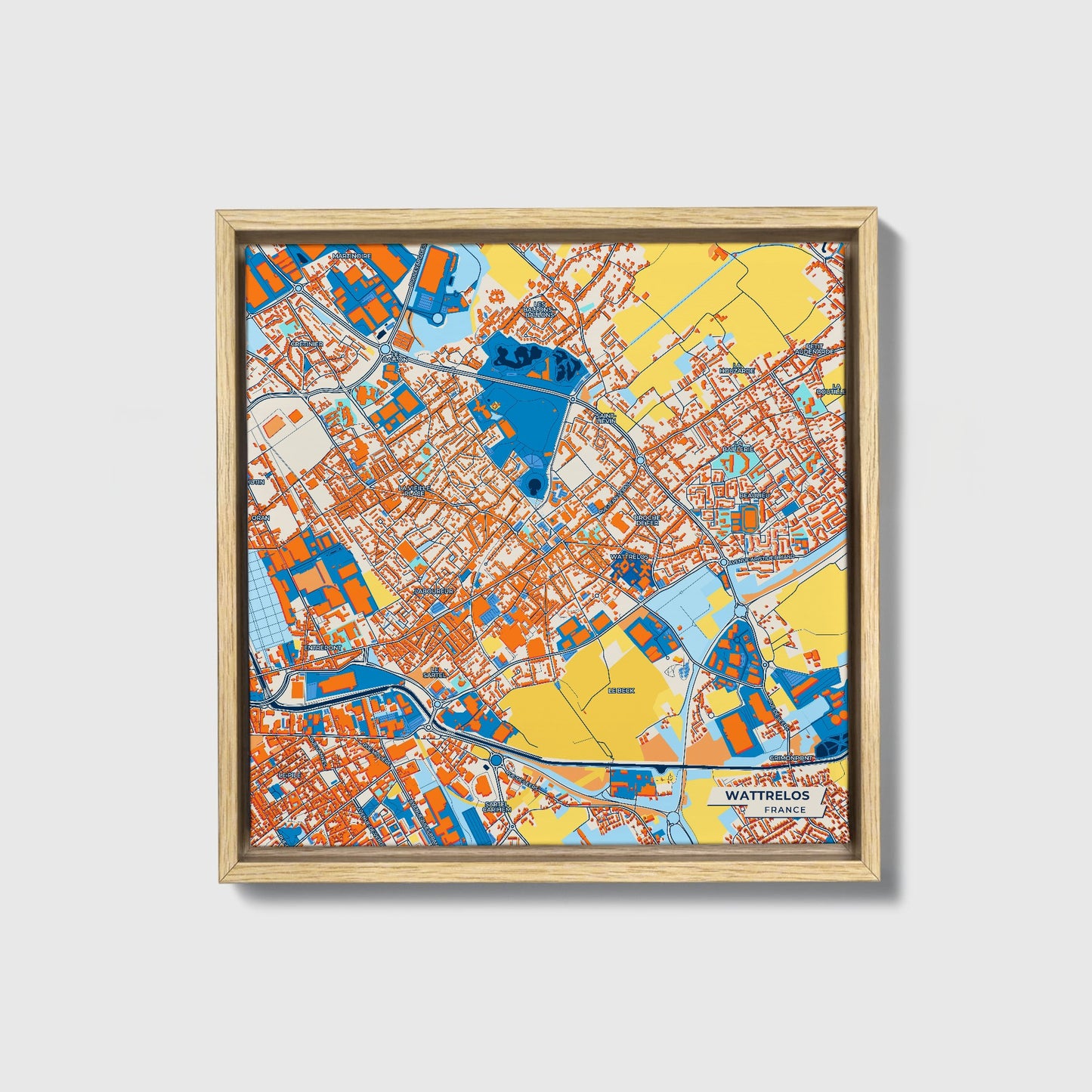 Wattrelos France Colorful City Map Canvas Print • Natural Wooden Framed