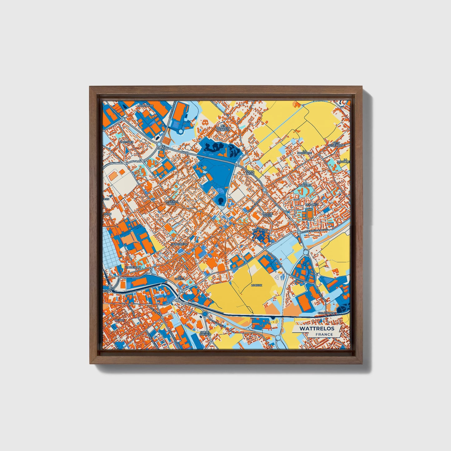 Wattrelos France Colorful City Map Canvas Print • Dark Wooden Framed