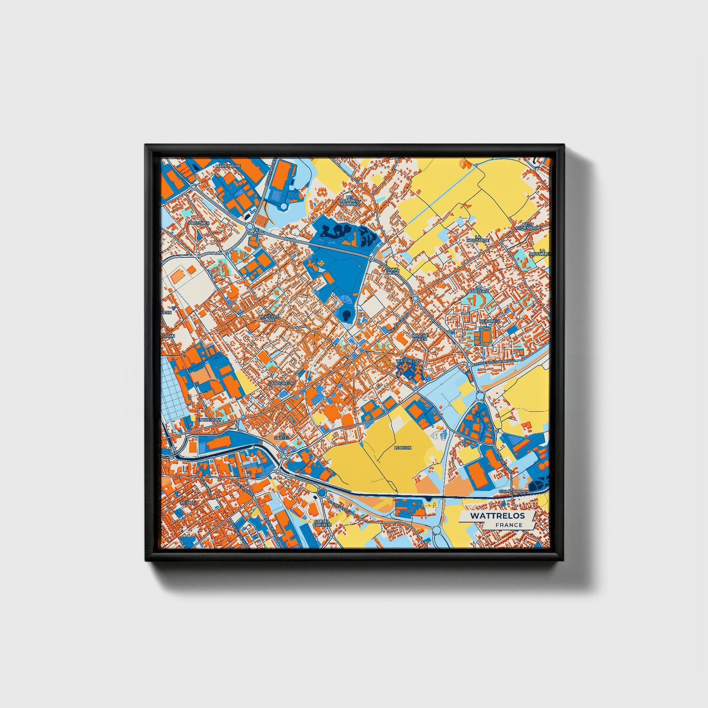 Wattrelos France Colorful City Map Canvas Print • Black Framed