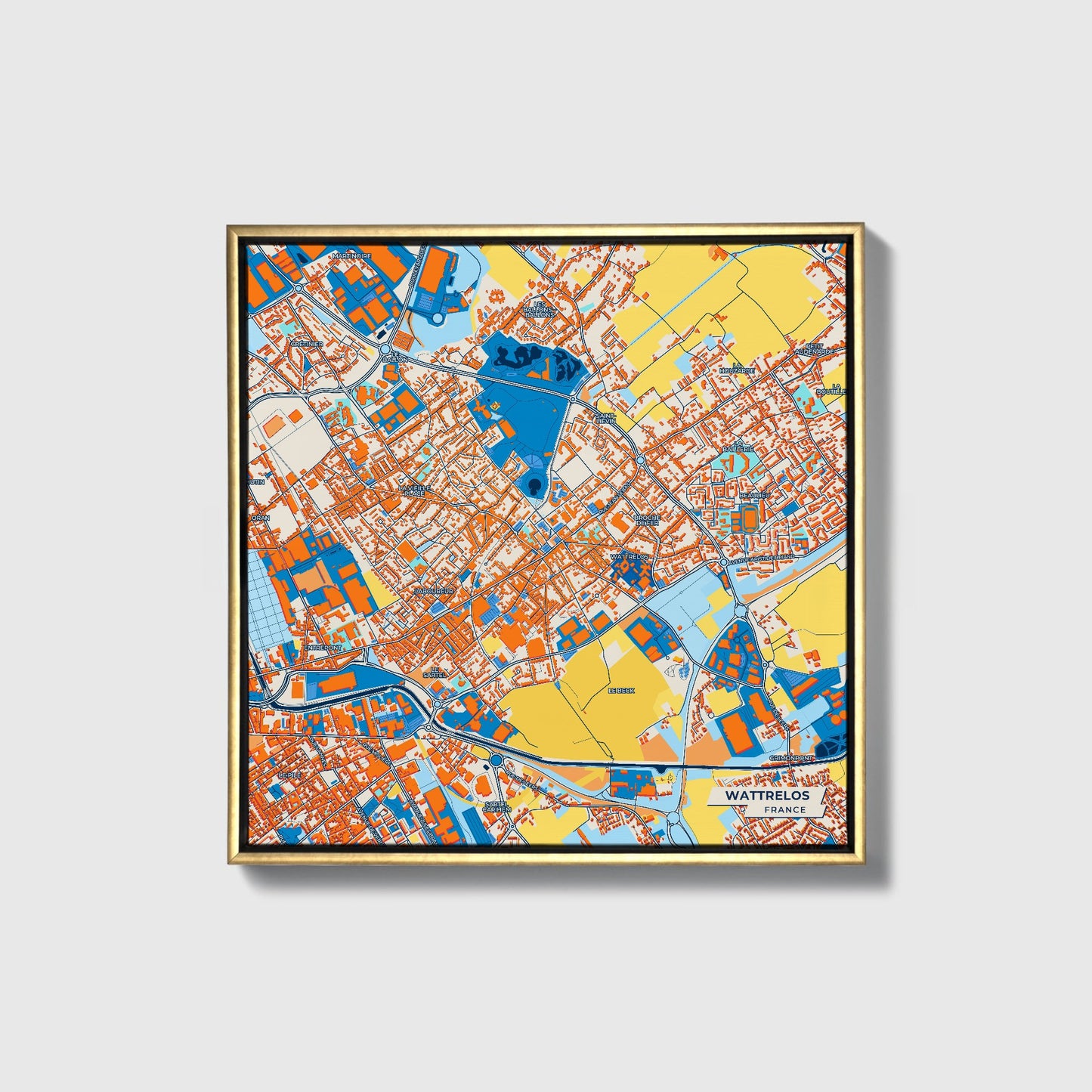Wattrelos France Colorful City Map Canvas Print • Gold Framed