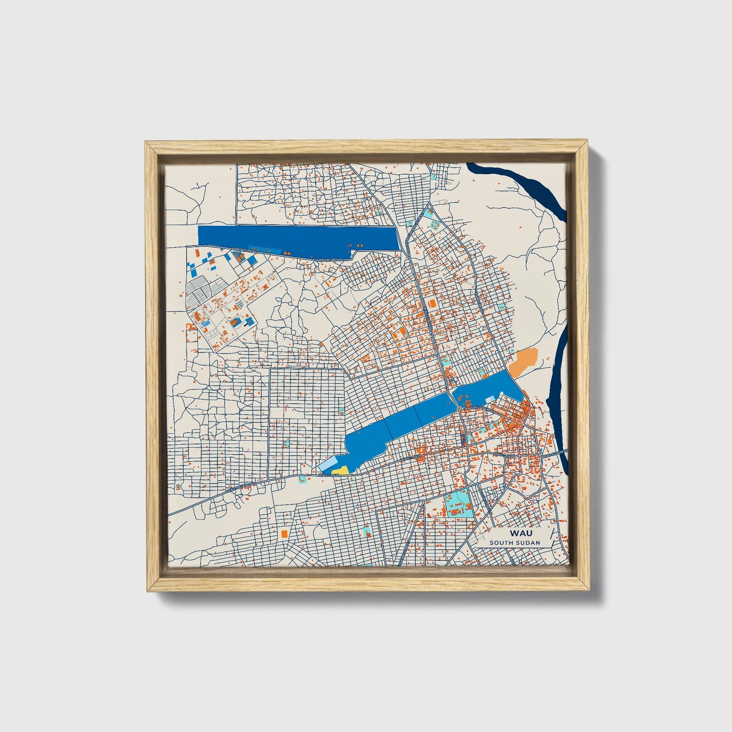 Wau South Sudan Colorful City Map Canvas Print • Natural Wooden Framed