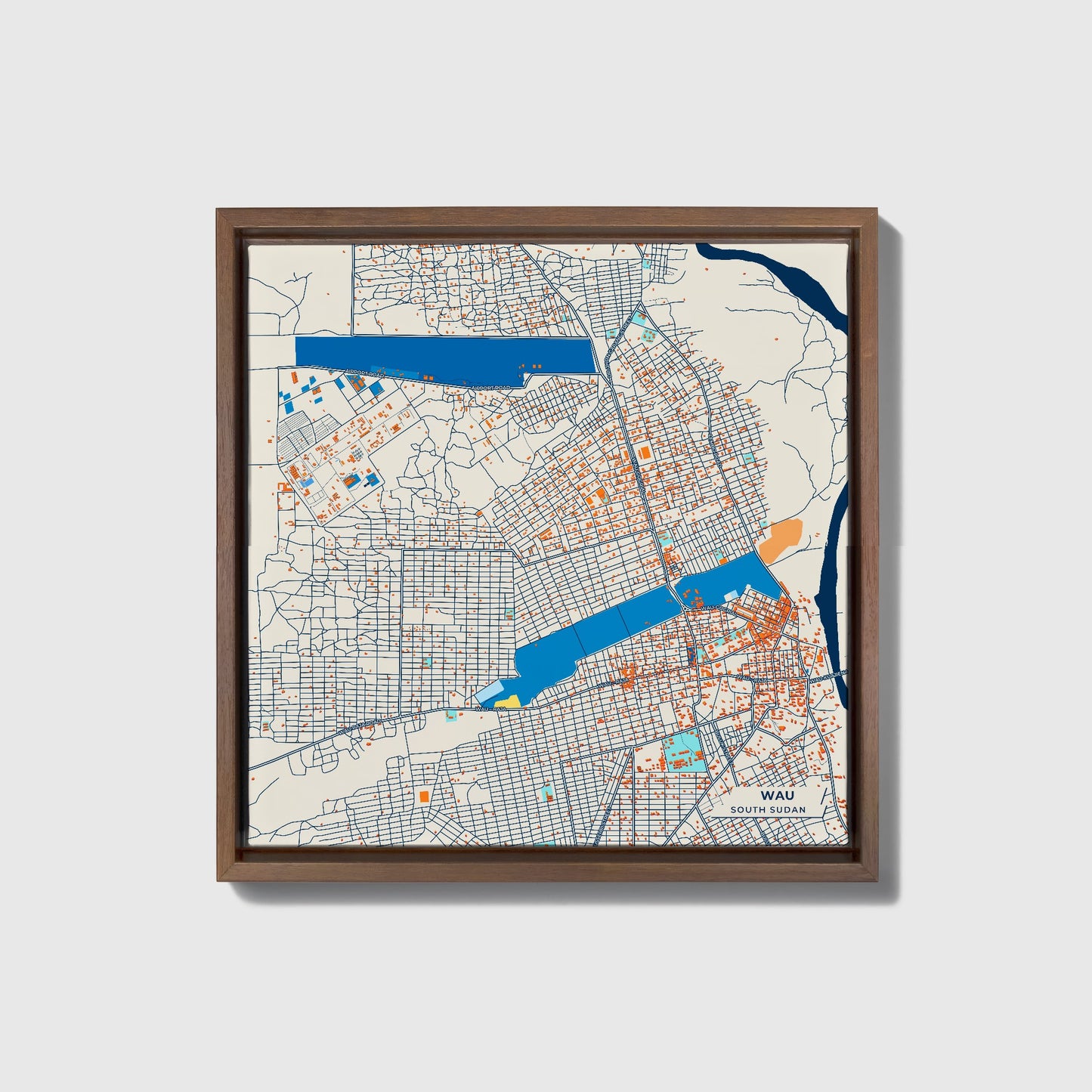 Wau South Sudan Colorful City Map Canvas Print • Dark Wooden Framed