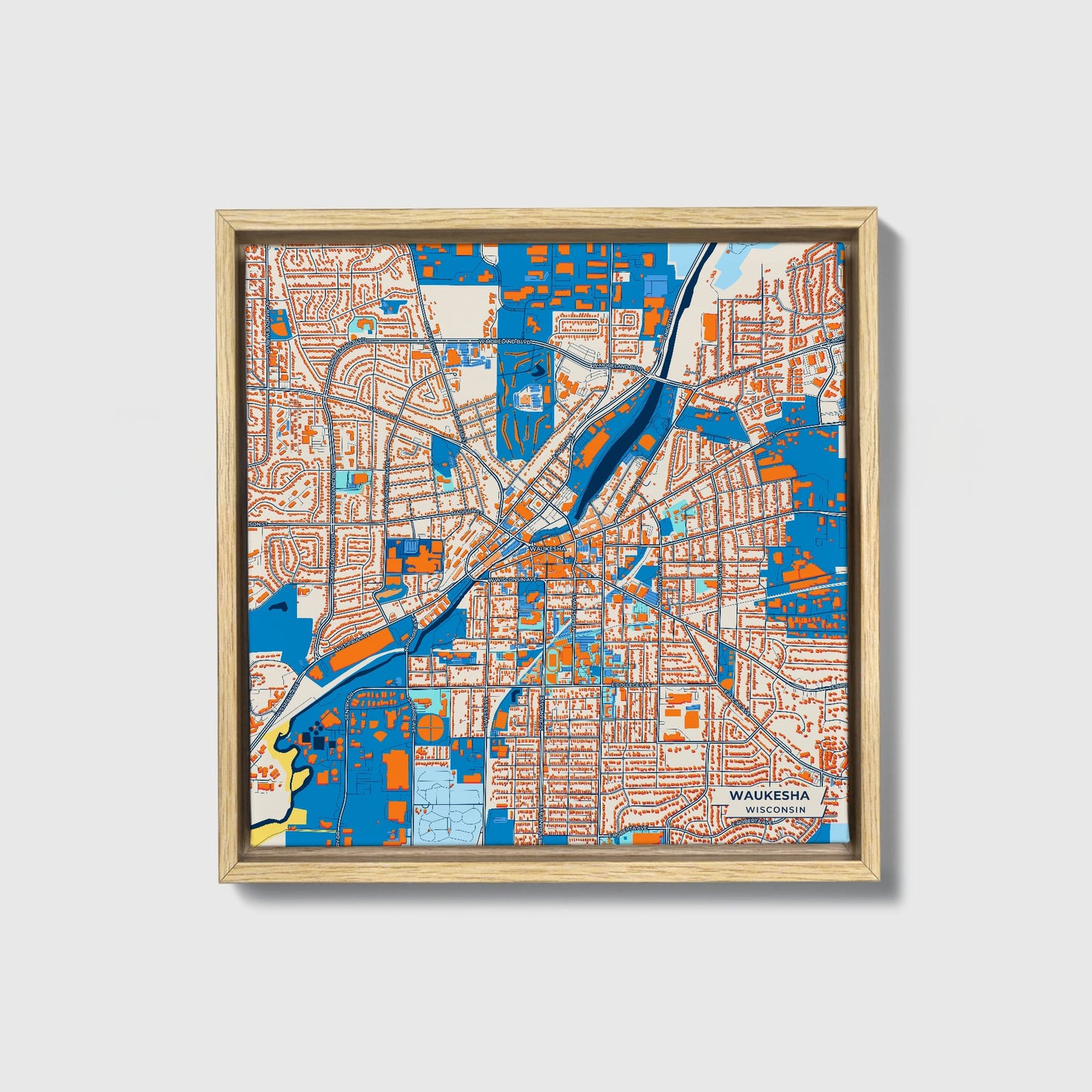 Waukesha Wisconsin Colorful City Map Canvas Print • Natural Wooden Framed