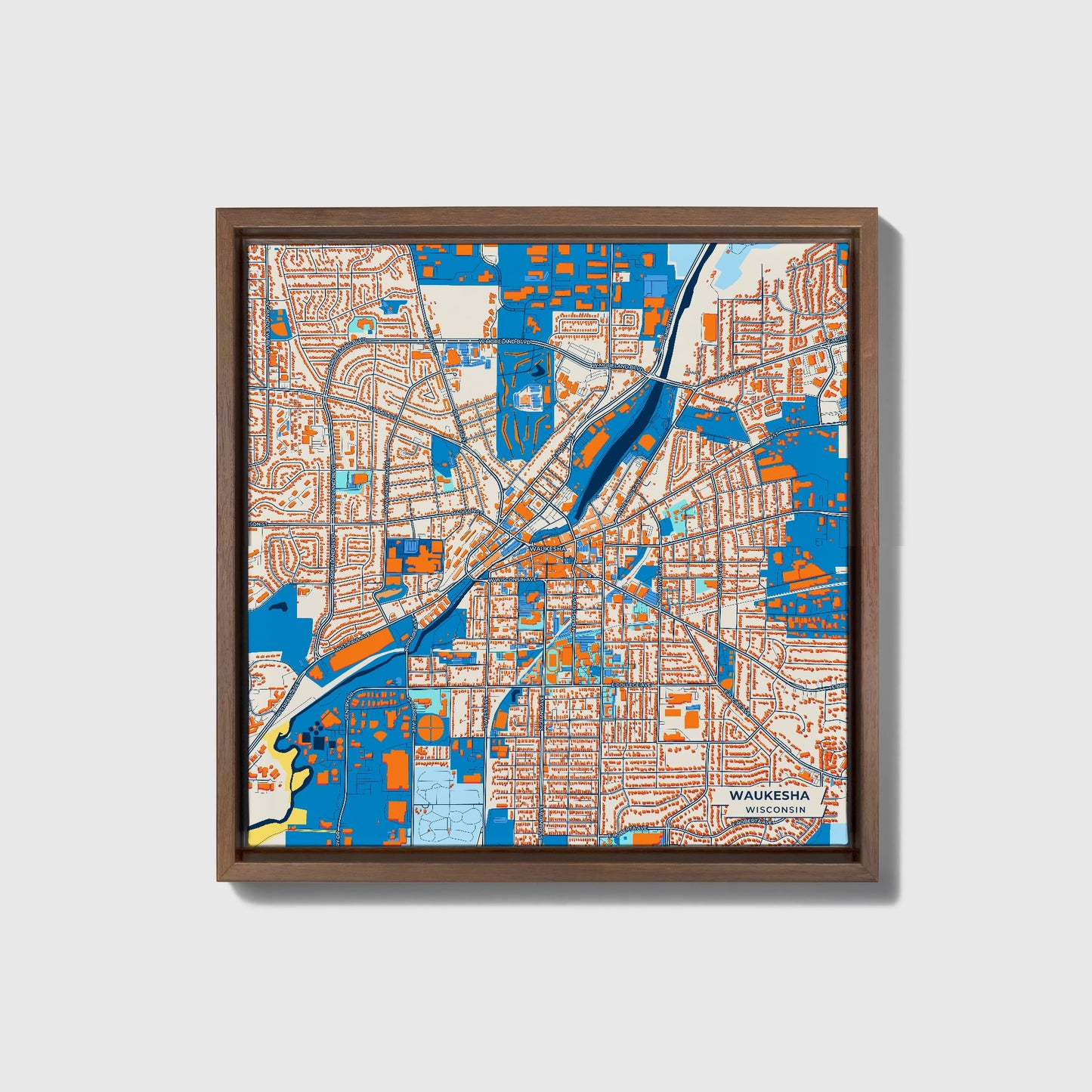 Waukesha Wisconsin Colorful City Map Canvas Print • Dark Wooden Framed