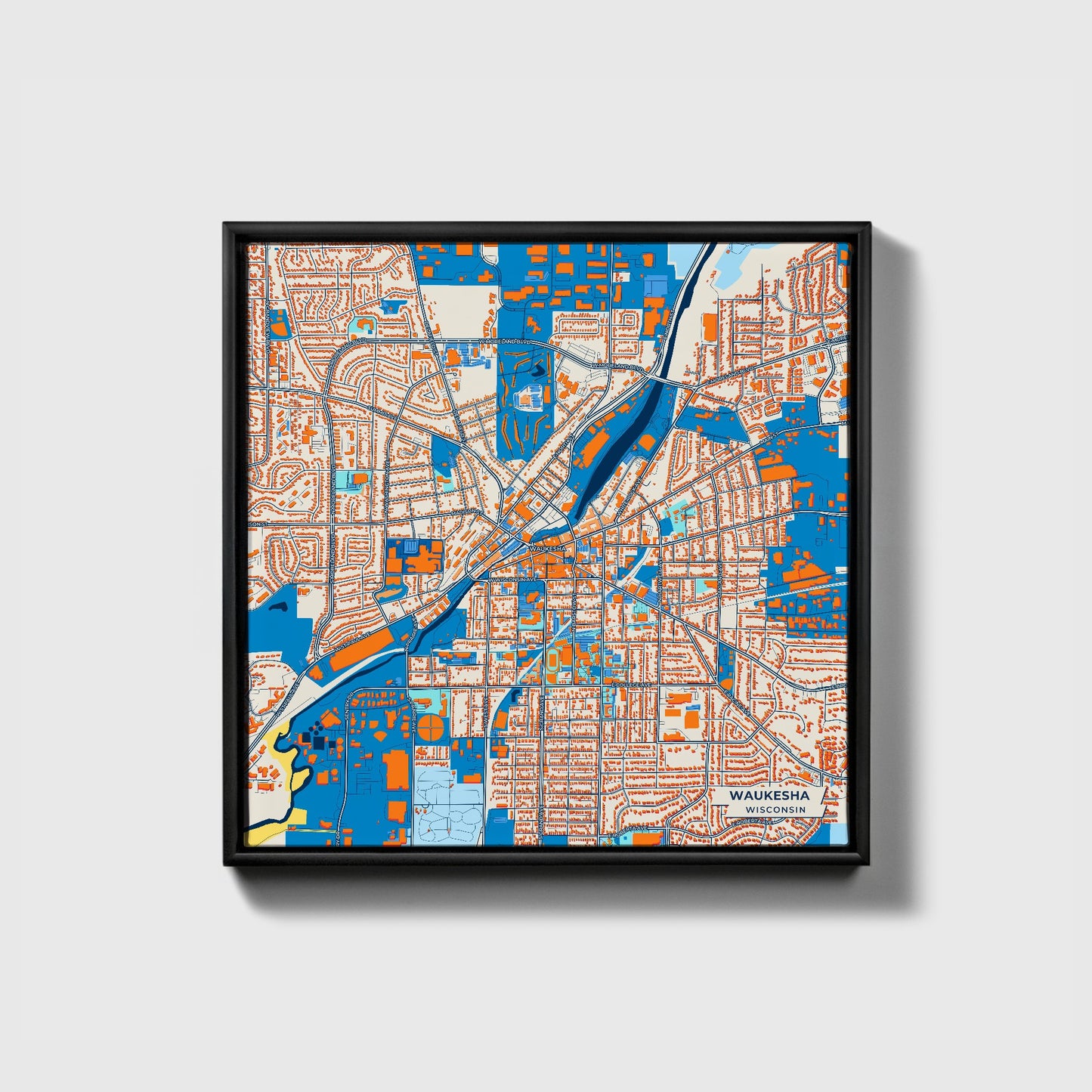 Waukesha Wisconsin Colorful City Map Canvas Print • Black Framed