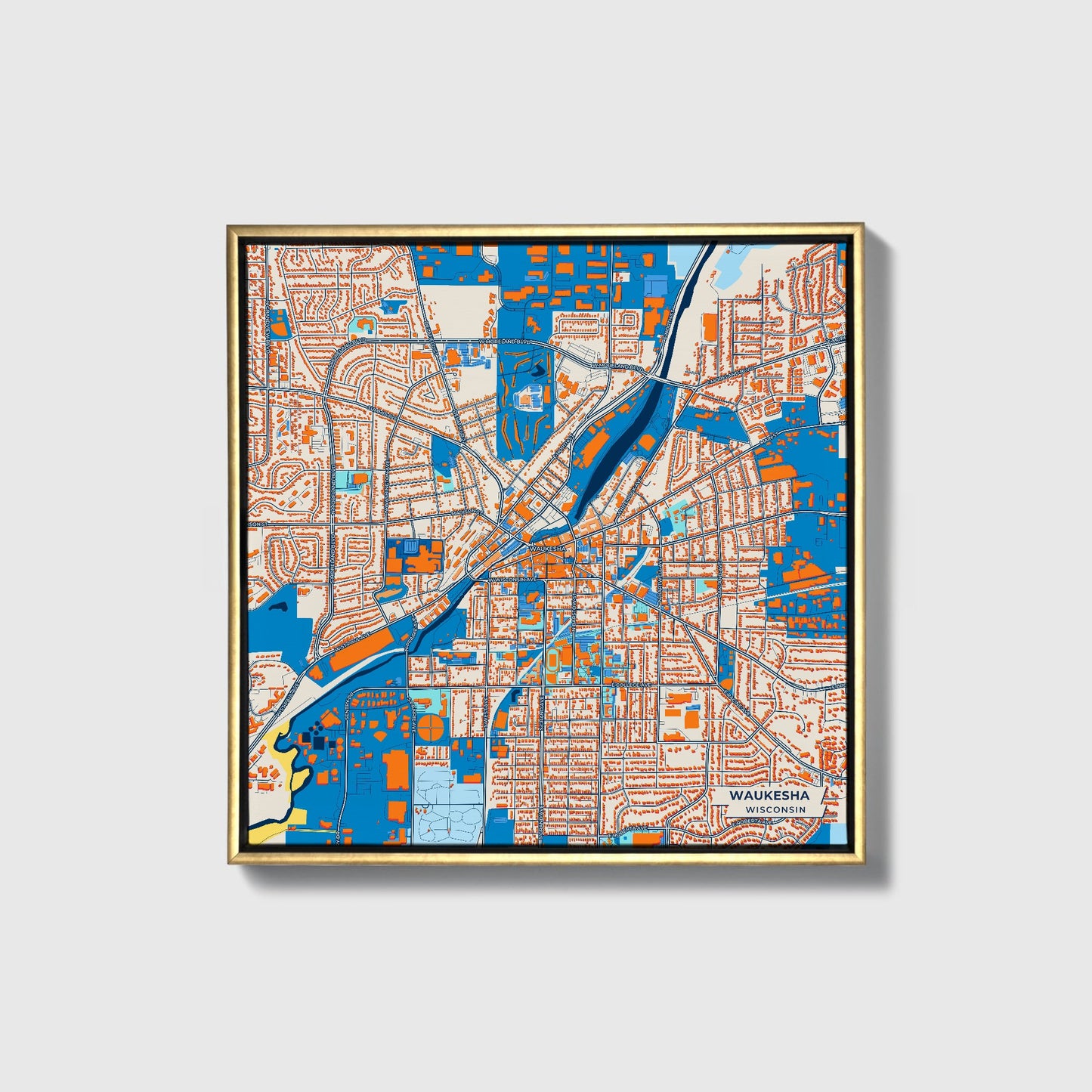 Waukesha Wisconsin Colorful City Map Canvas Print • Gold Framed