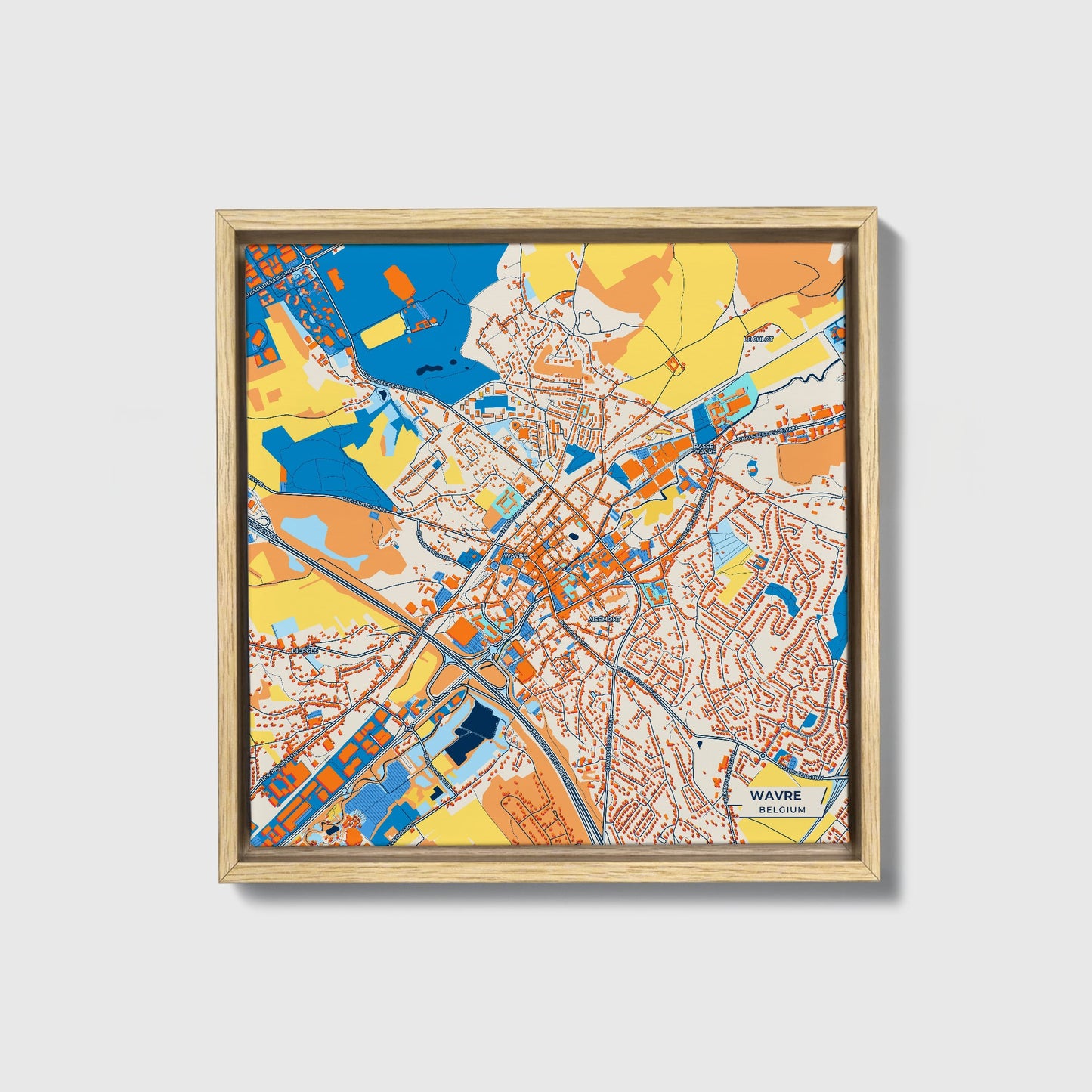 Wavre  Belgium Colorful City Map Canvas Print • Natural Wooden Framed