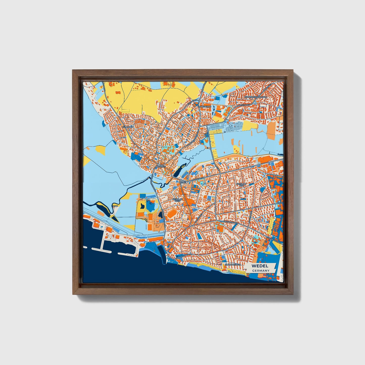 Wedel Germany Colorful City Map Canvas Print • Dark Wooden Framed