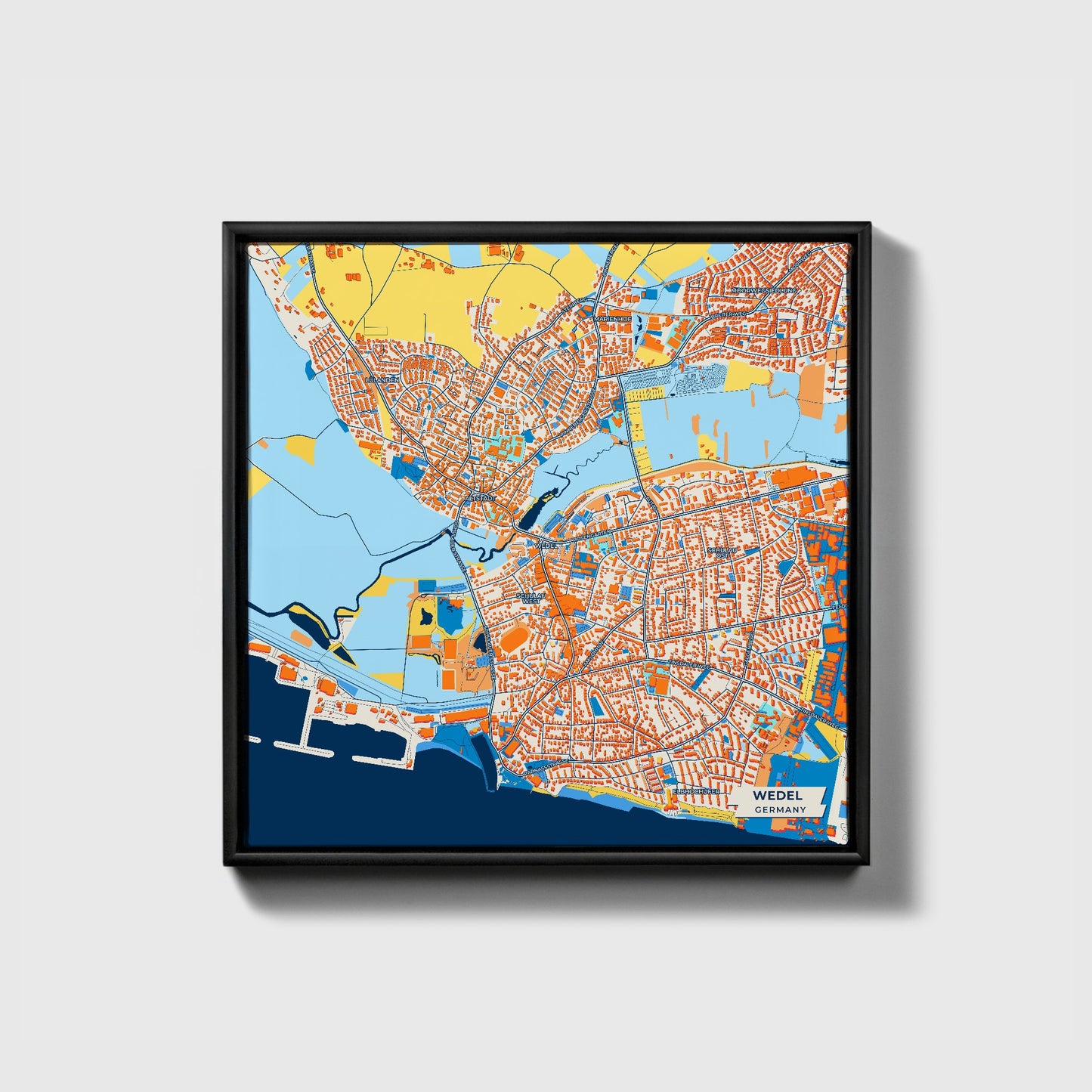 Wedel Germany Colorful City Map Canvas Print • Black Framed