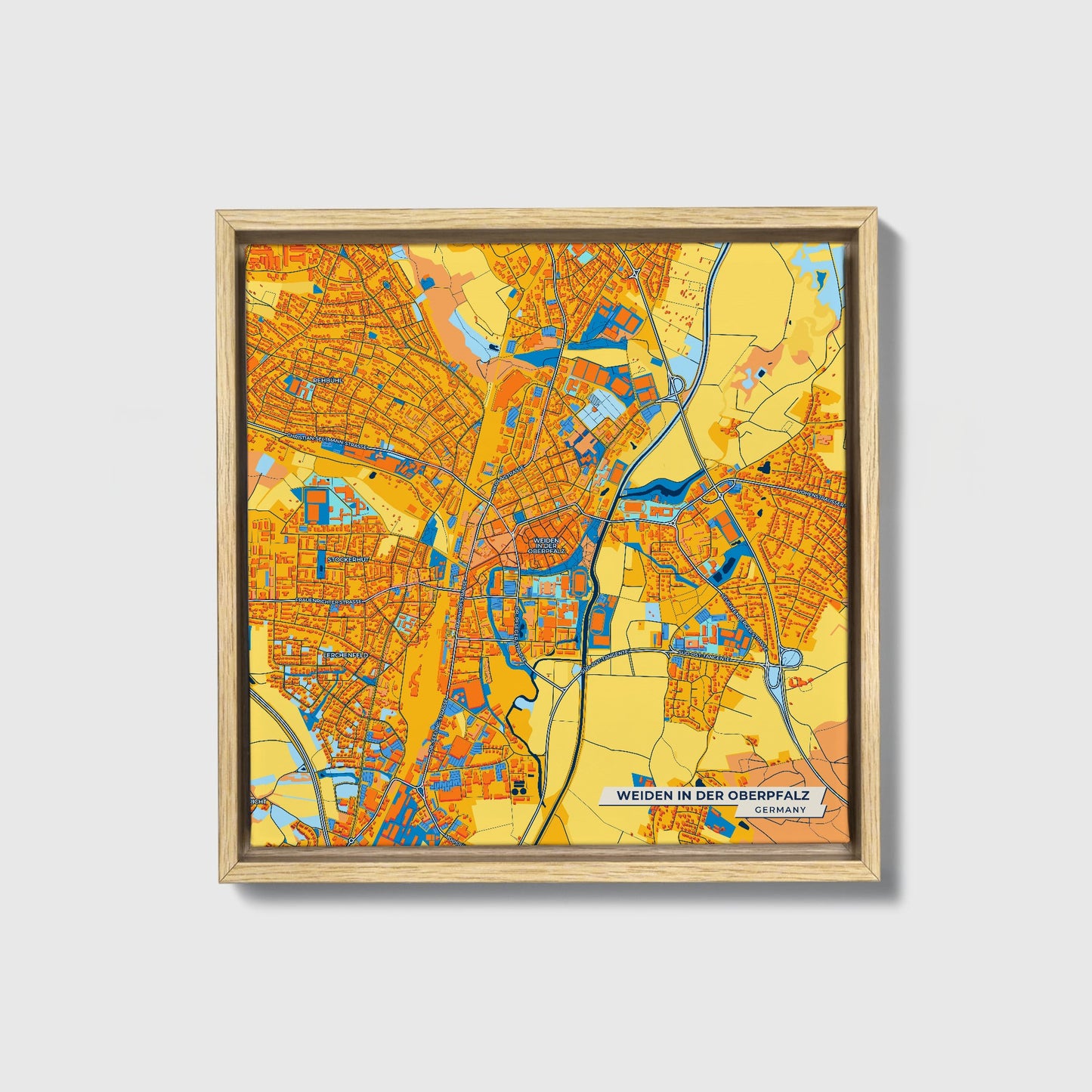Weiden In Der Oberpfalz Germany Colorful City Map Canvas Print • Natural Wooden Framed