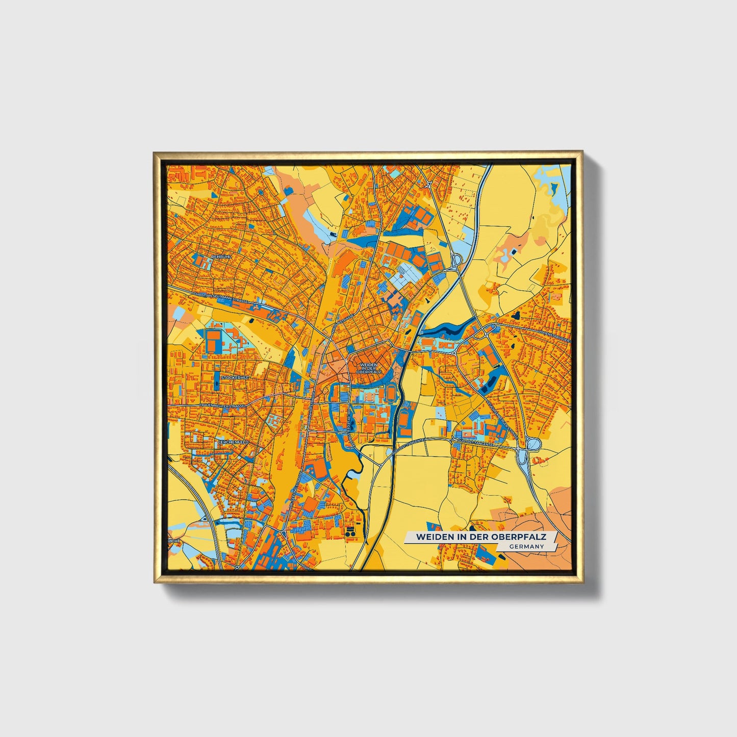 Weiden In Der Oberpfalz Germany Colorful City Map Canvas Print • Gold Framed