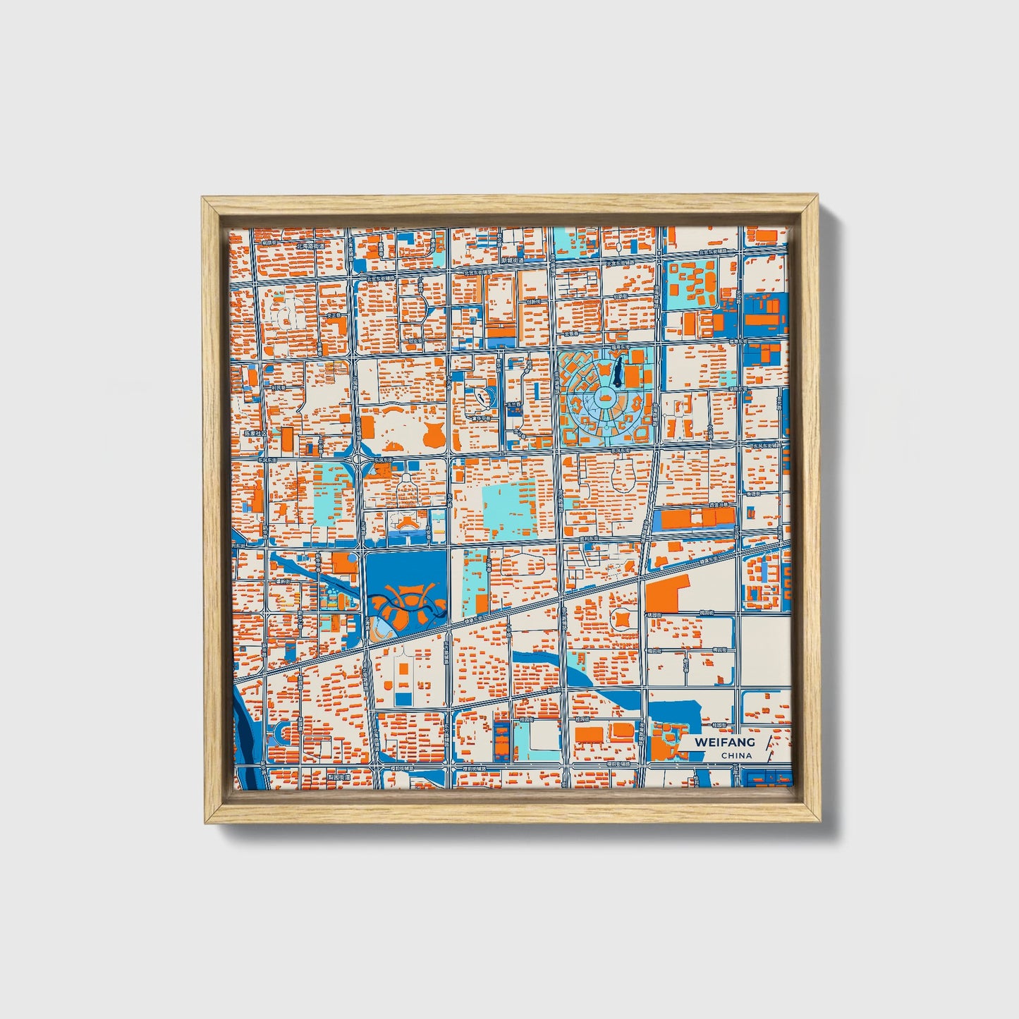 Weifang China Colorful City Map Canvas Print • Natural Wooden Framed