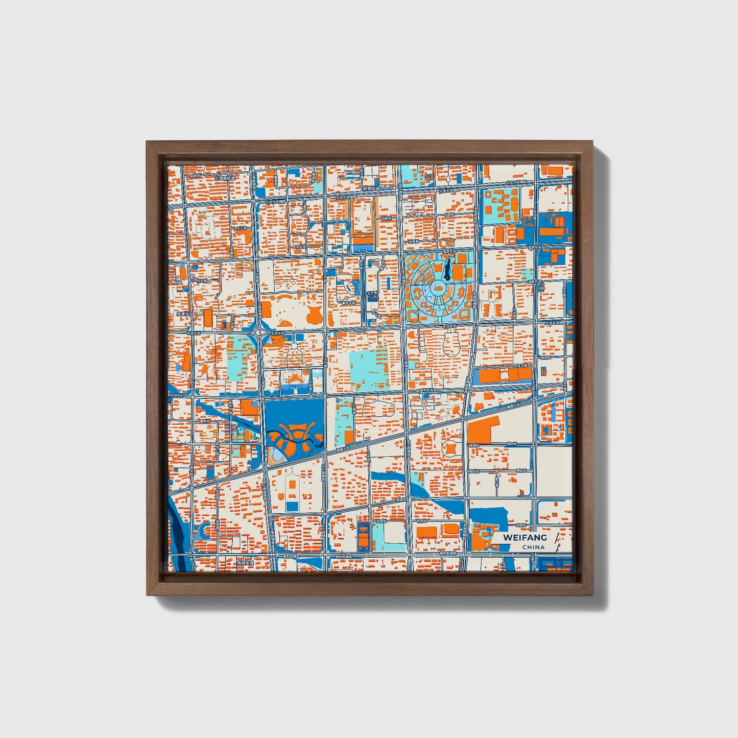 Weifang China Colorful City Map Canvas Print • Dark Wooden Framed