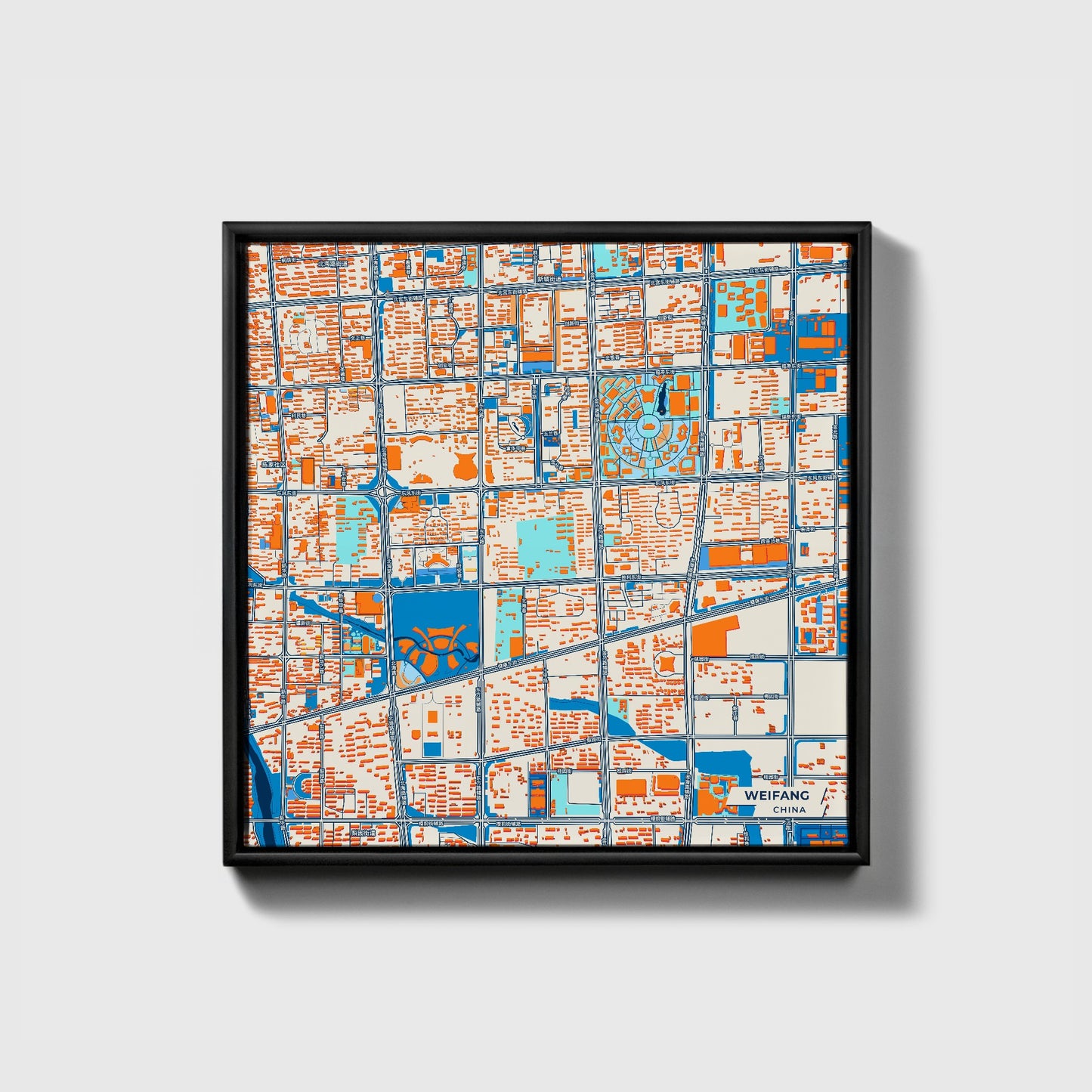 Weifang China Colorful City Map Canvas Print • Black Framed