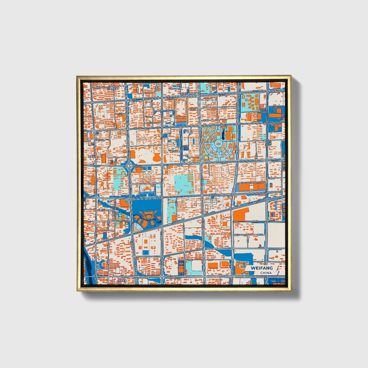 Weifang China Colorful City Map Canvas Print • Gold Framed