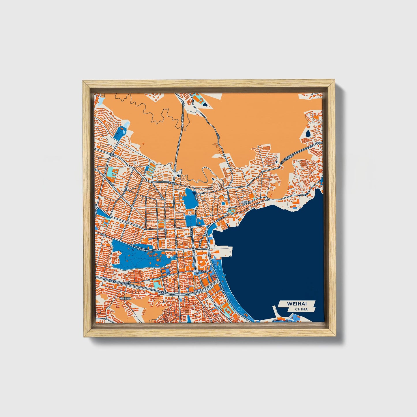 Weihai China Colorful City Map Canvas Print • Natural Wooden Framed