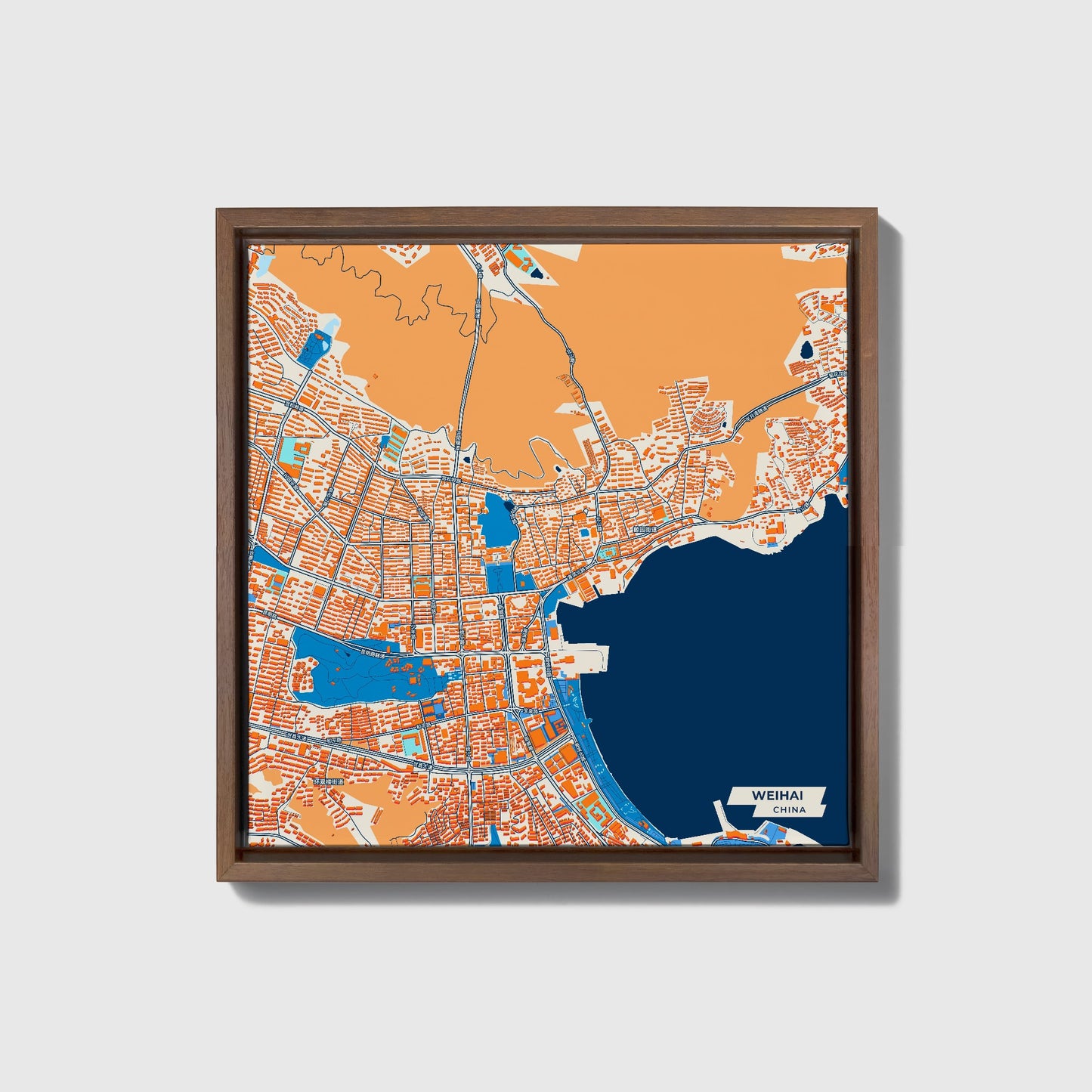 Weihai China Colorful City Map Canvas Print • Dark Wooden Framed