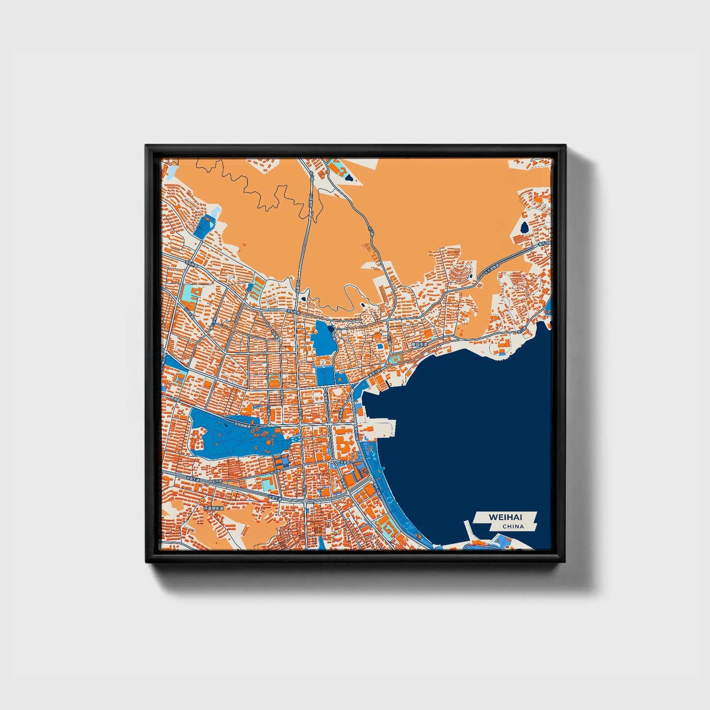 Weihai China Colorful City Map Canvas Print • Black Framed