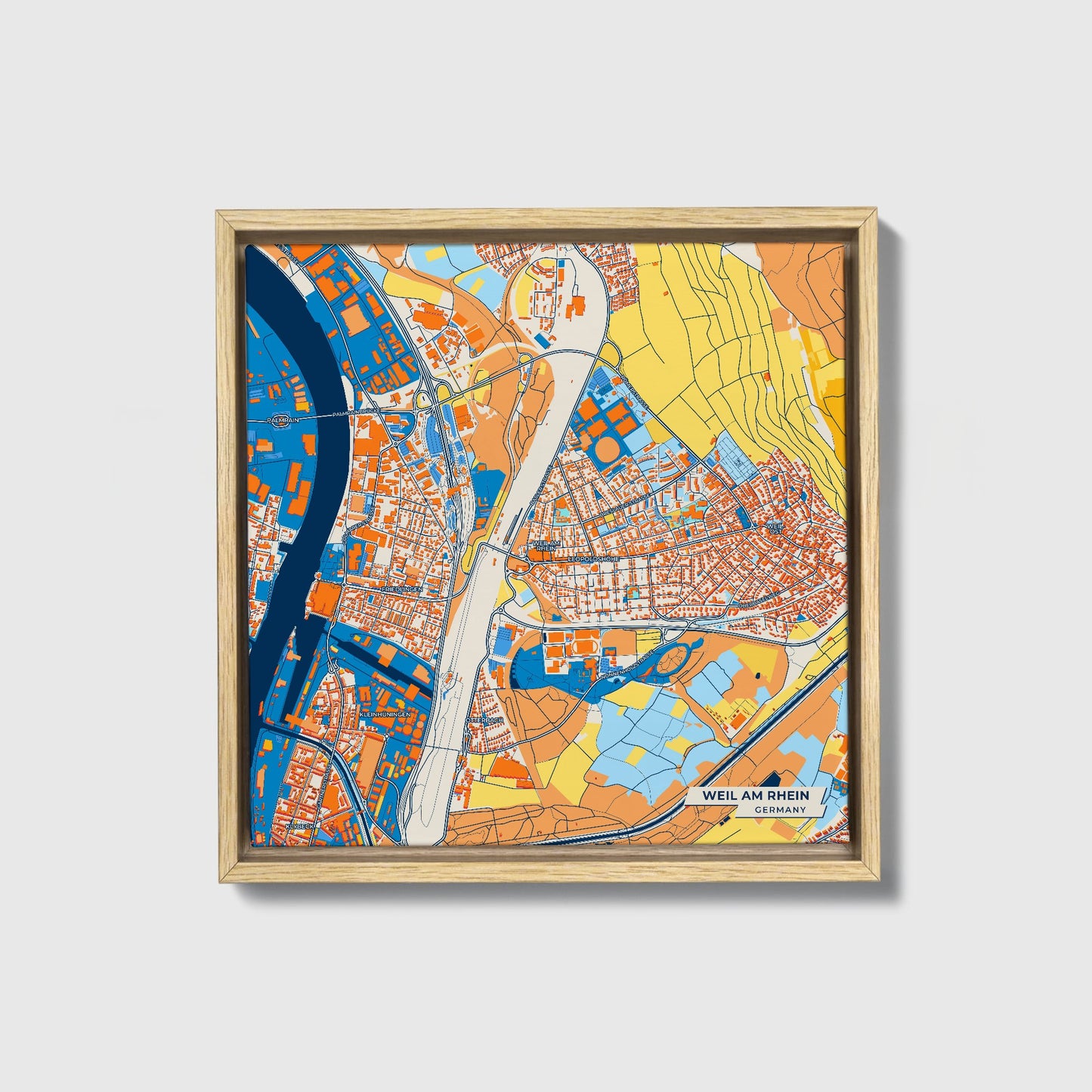 Weil Am Rhein Germany Colorful City Map Canvas Print • Natural Wooden Framed