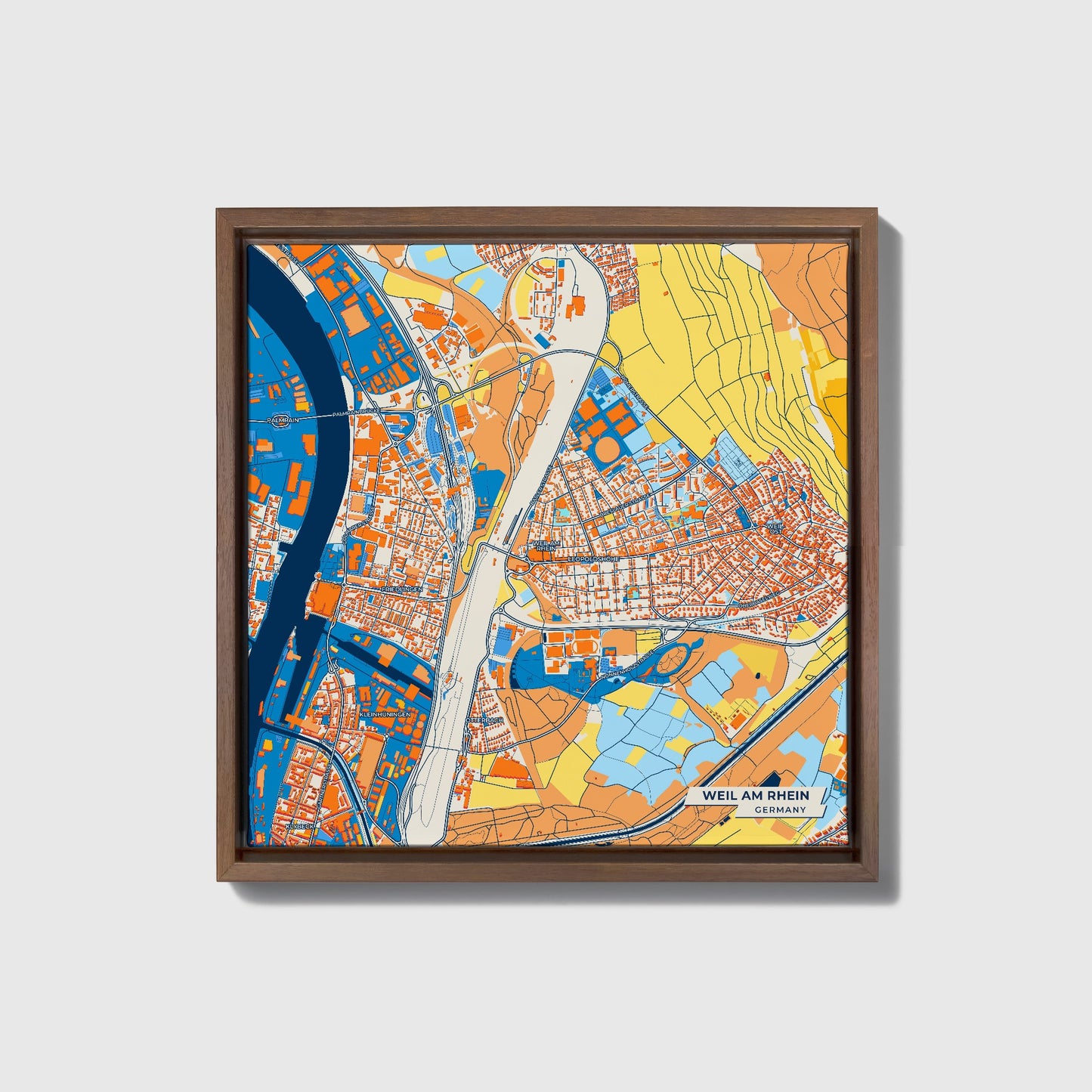Weil Am Rhein Germany Colorful City Map Canvas Print • Dark Wooden Framed