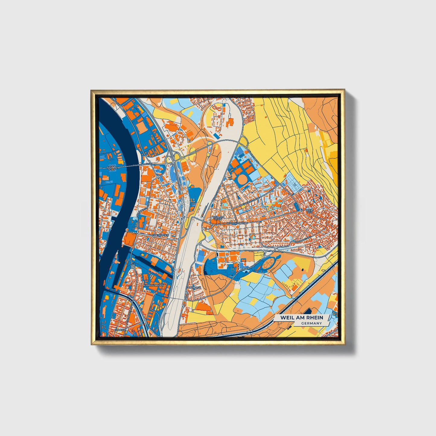 Weil Am Rhein Germany Colorful City Map Canvas Print • Gold Framed