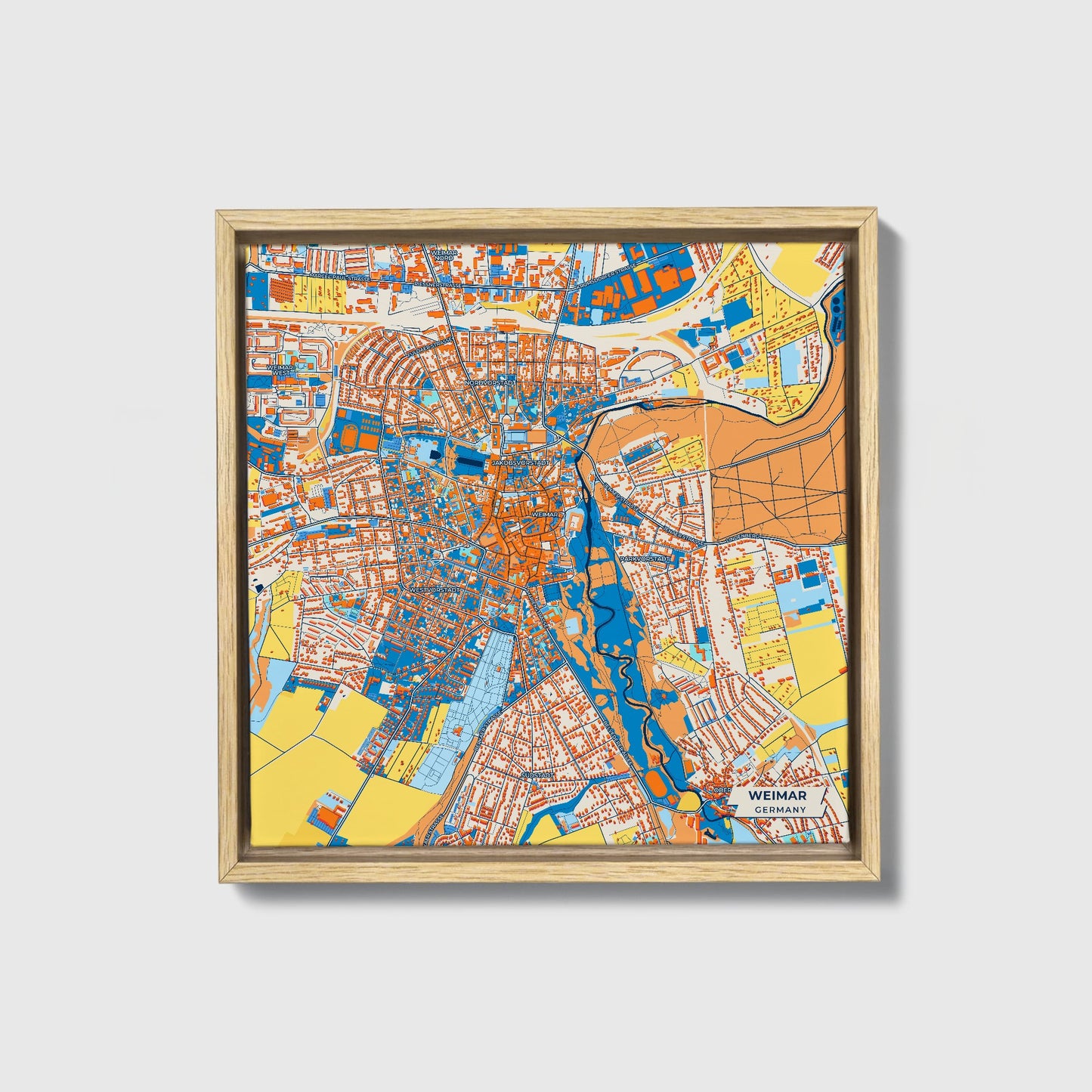 Weimar Germany Colorful City Map Canvas Print • Natural Wooden Framed