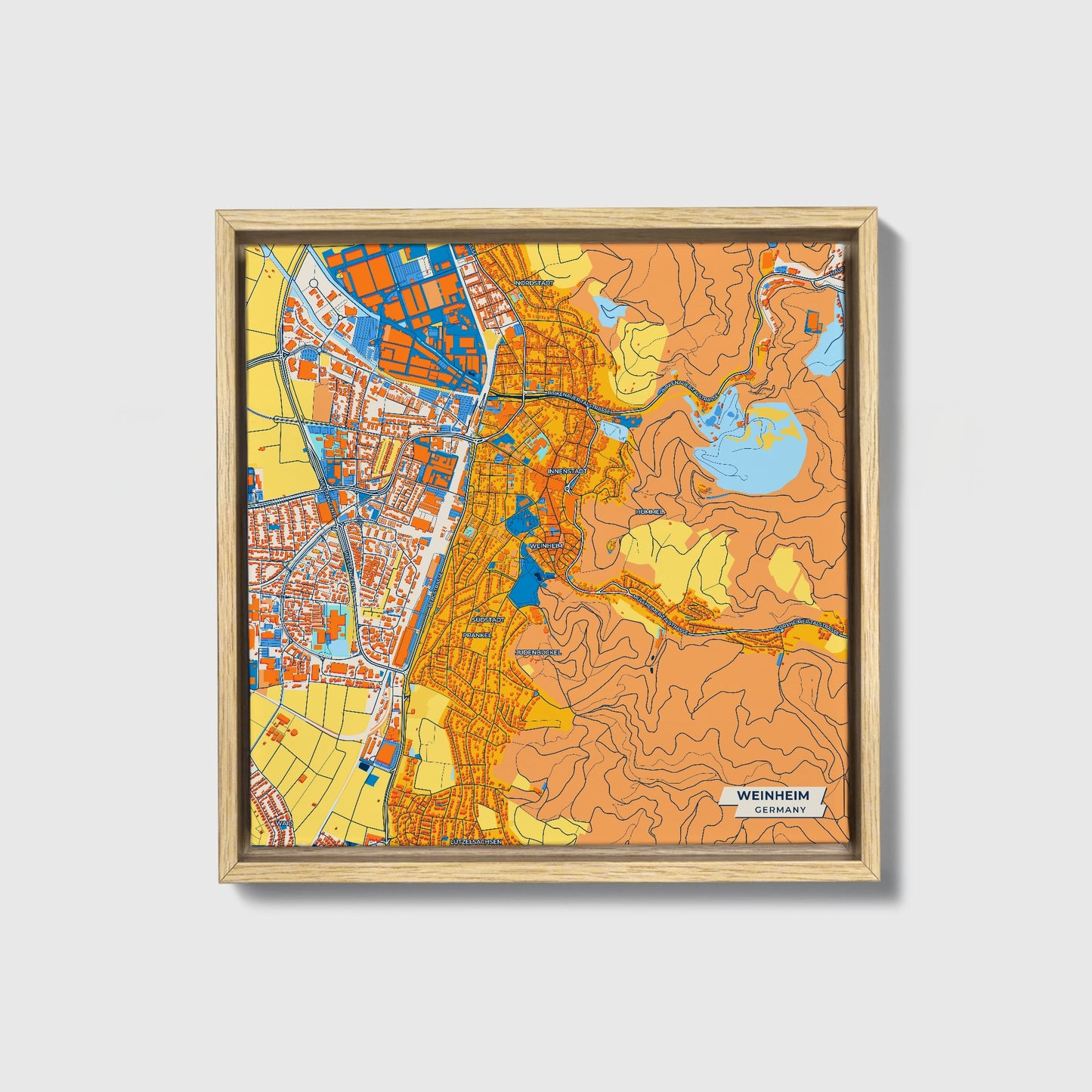 Weinheim Germany Colorful City Map Canvas Print • Natural Wooden Framed