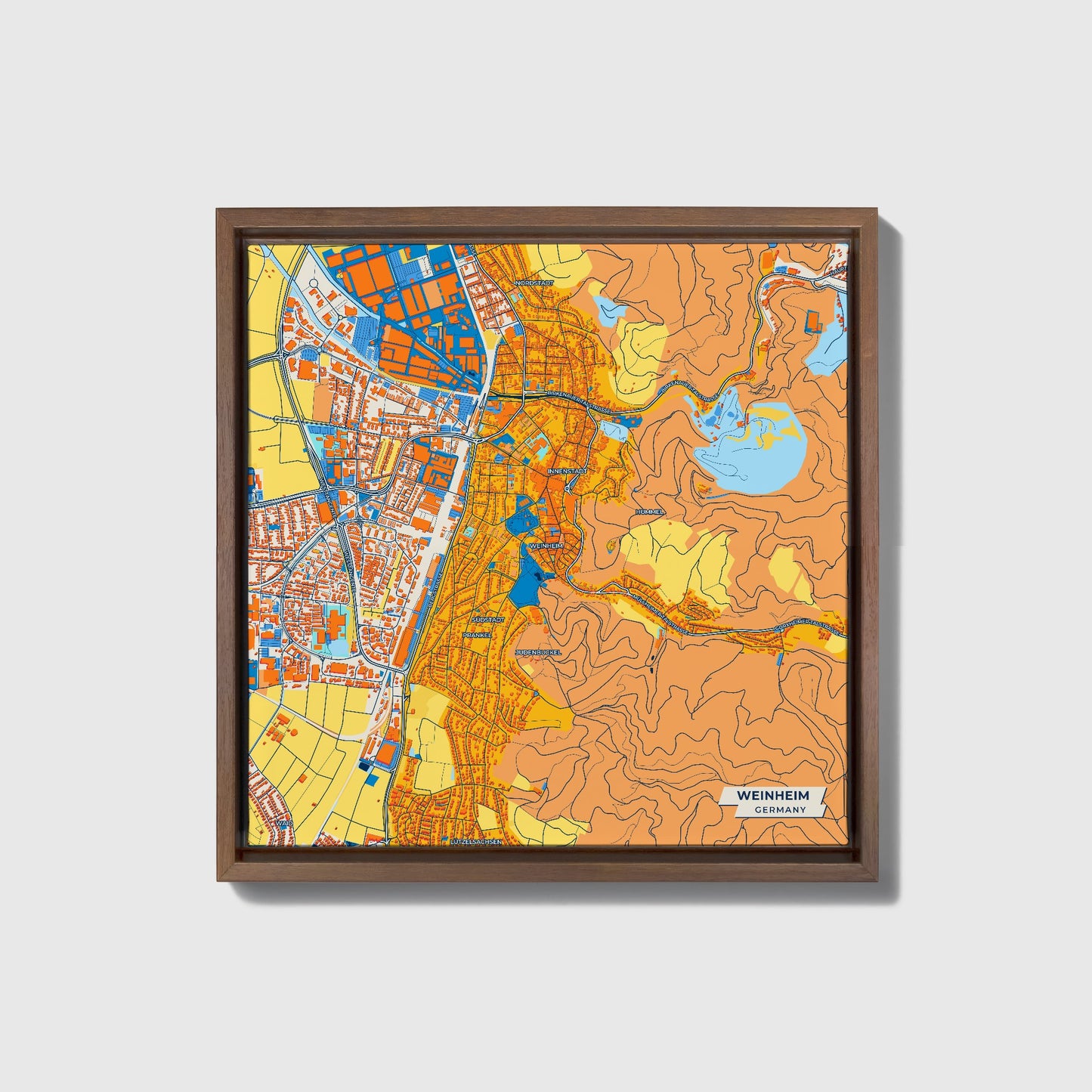 Weinheim Germany Colorful City Map Canvas Print • Dark Wooden Framed