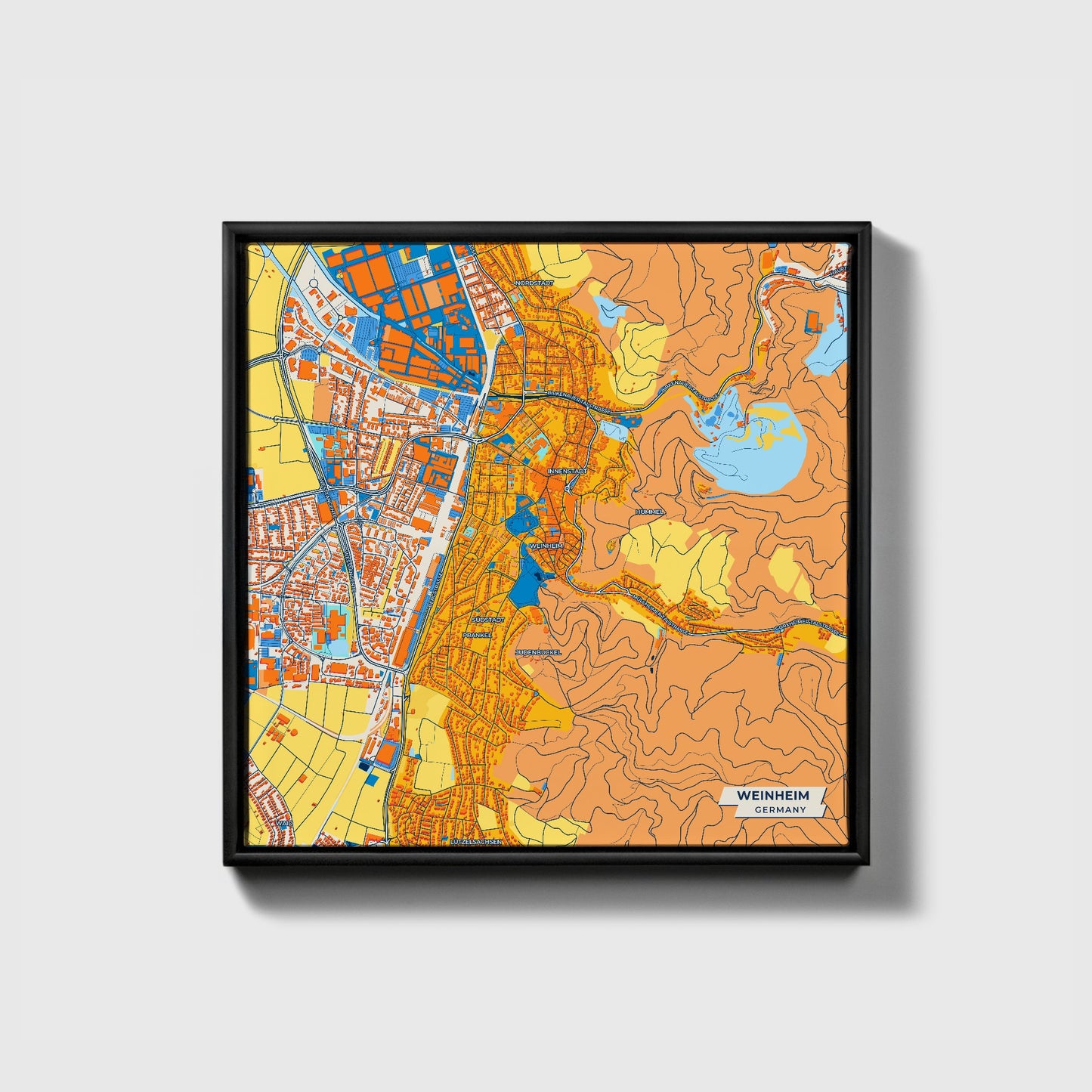 Weinheim Germany Colorful City Map Canvas Print • Black Framed